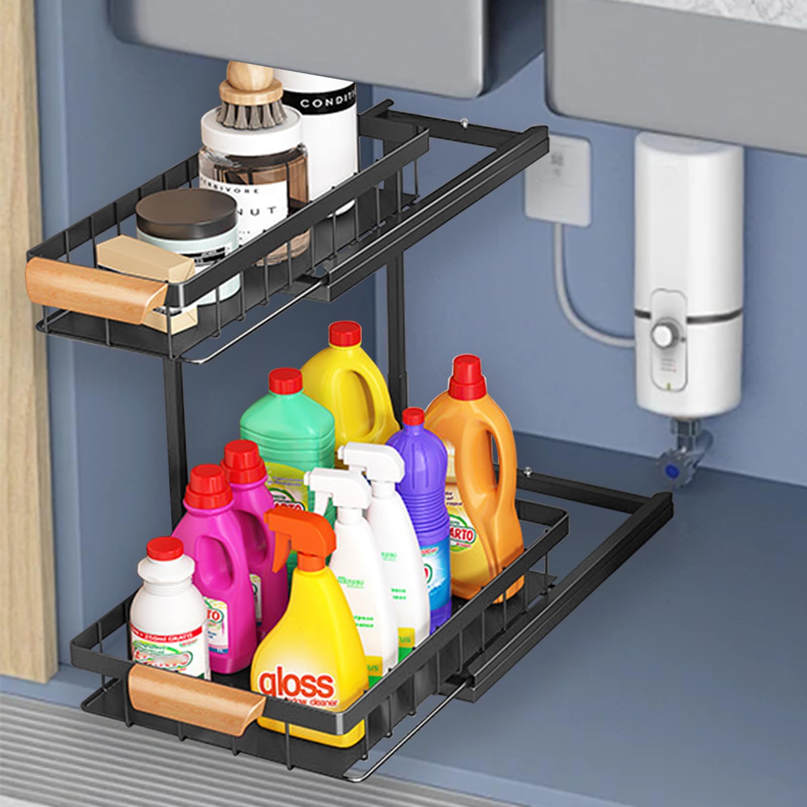 Organizador de almacenamiento para debajo del fregadero, estante deslizante de acero al carbono para armario de cocina, 27 x 36,5 x 37 cm, color negro