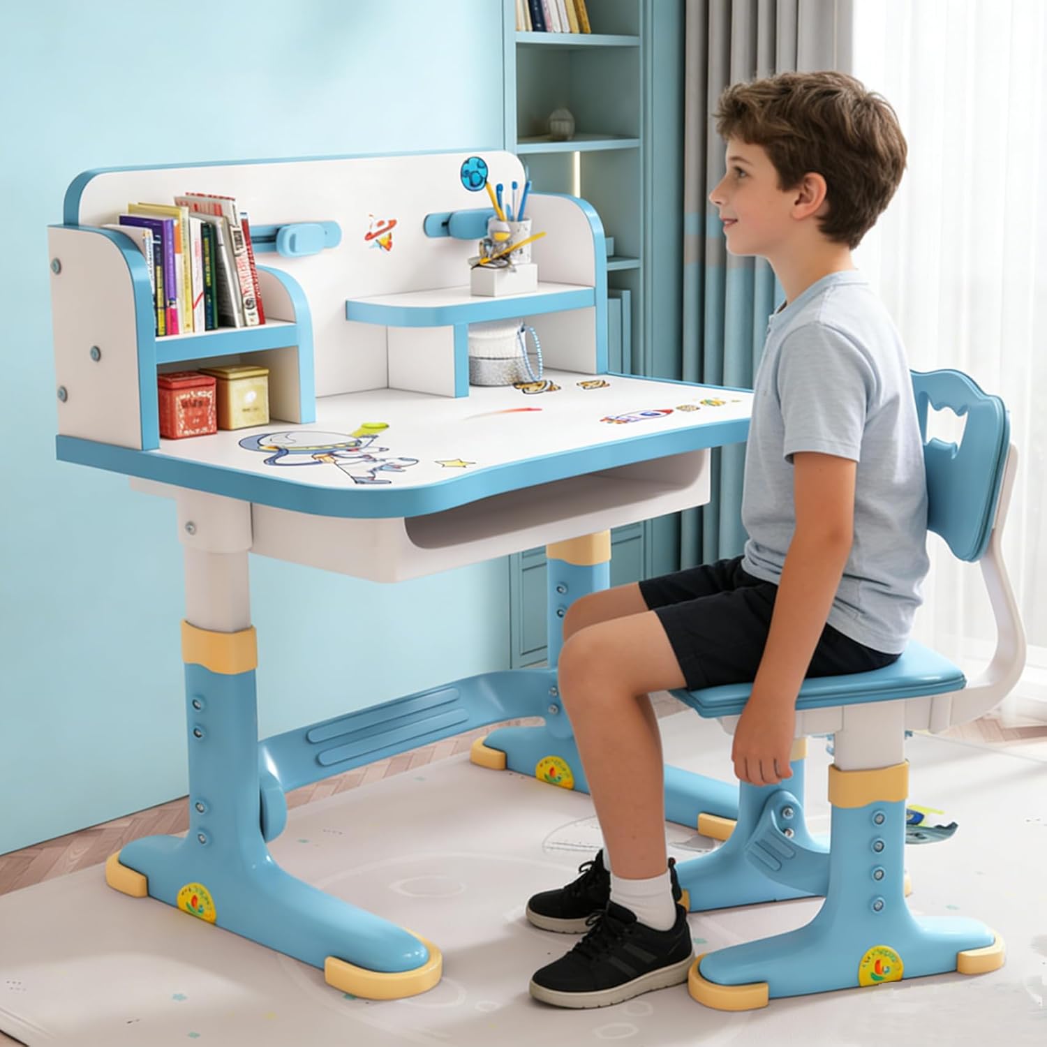 Kids Desk and Chair Set Study Desk Chair Standing Desk, Desk Chair Set, Students Desk Chair Widened Desktop Multi Separation Cartoon Pattern Desk Chair Set Study Table with Drawer Blue