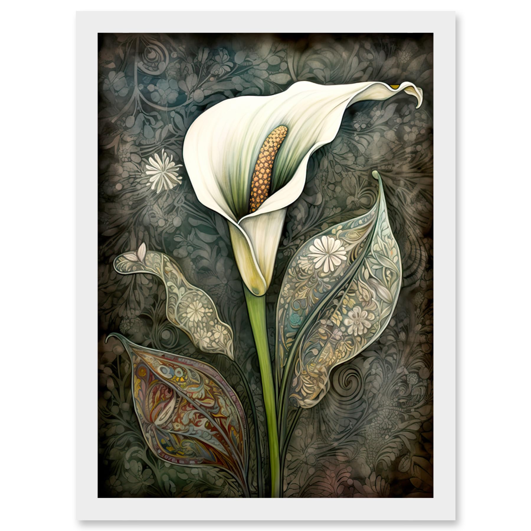 Artery8 Calla Lily Flower Bloom with Batik Style Patterns Artwork Framed Wall Art Print A4
