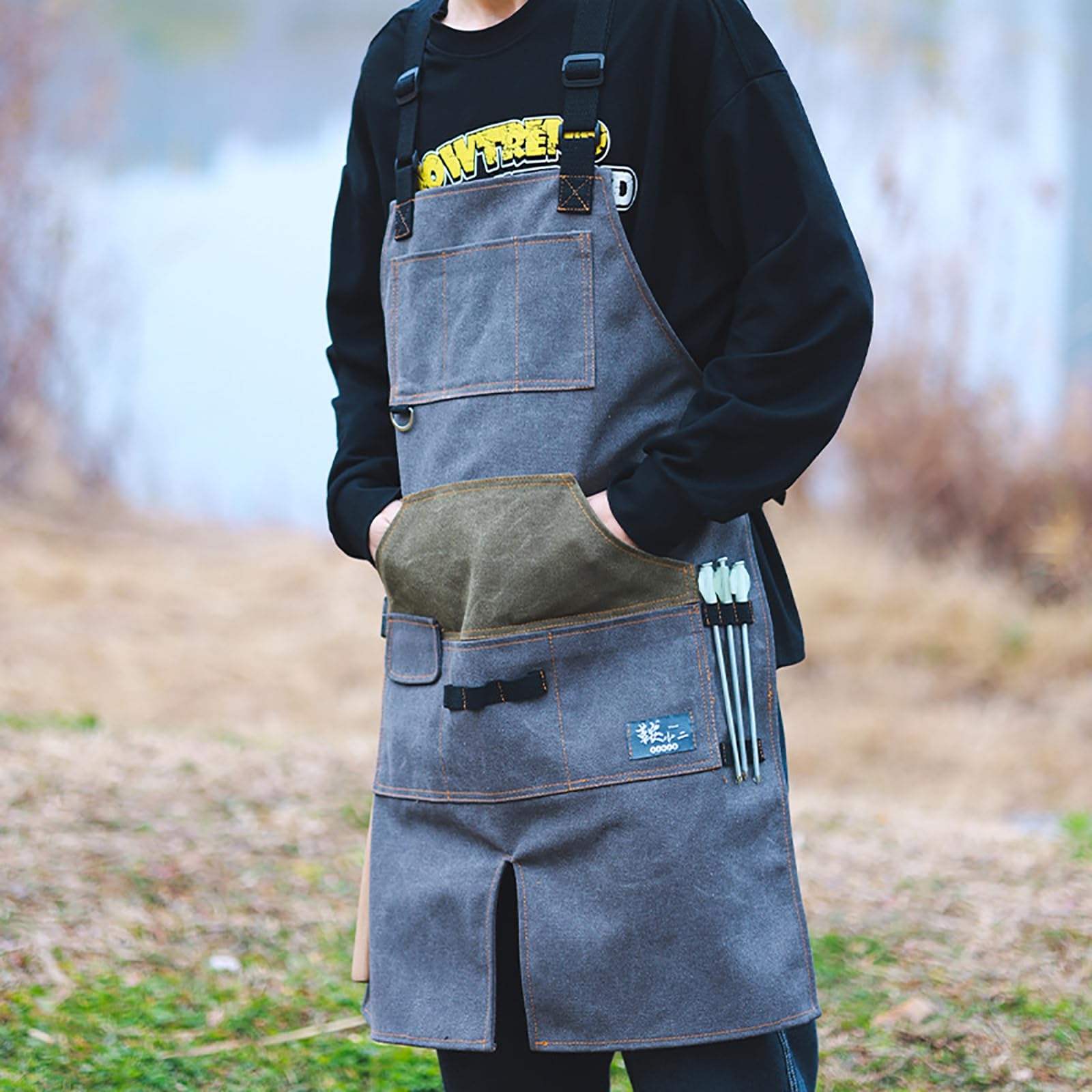 Delantal de Mezclilla con Bolsillos, Delantal Cocina Ajustable para Hombres y Mujeres, Delantal de Trabajo Profesional para Carpintero de jardín, Pintor, Barista, Familia y Comedor,Gris