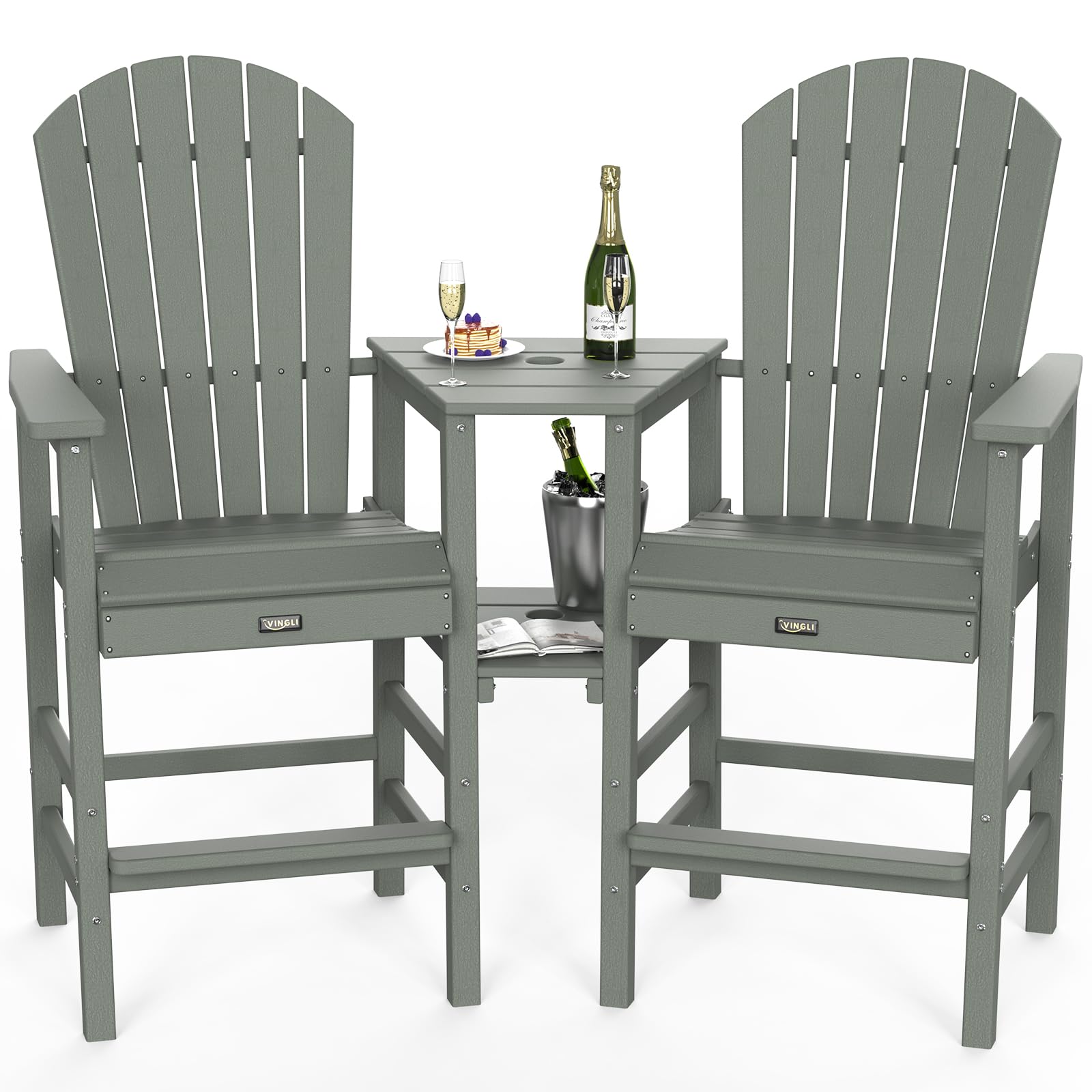 VINGLI Tall Adirondack Chairs Set of 2 with Connecting Trays, HDPE Adirondack Bar Stools Poly Deck Chairs, 350LBS Capacity (Grey)