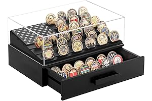 Military Coin Display Case Holder with Lid & Drawer- Wooden US Flag...