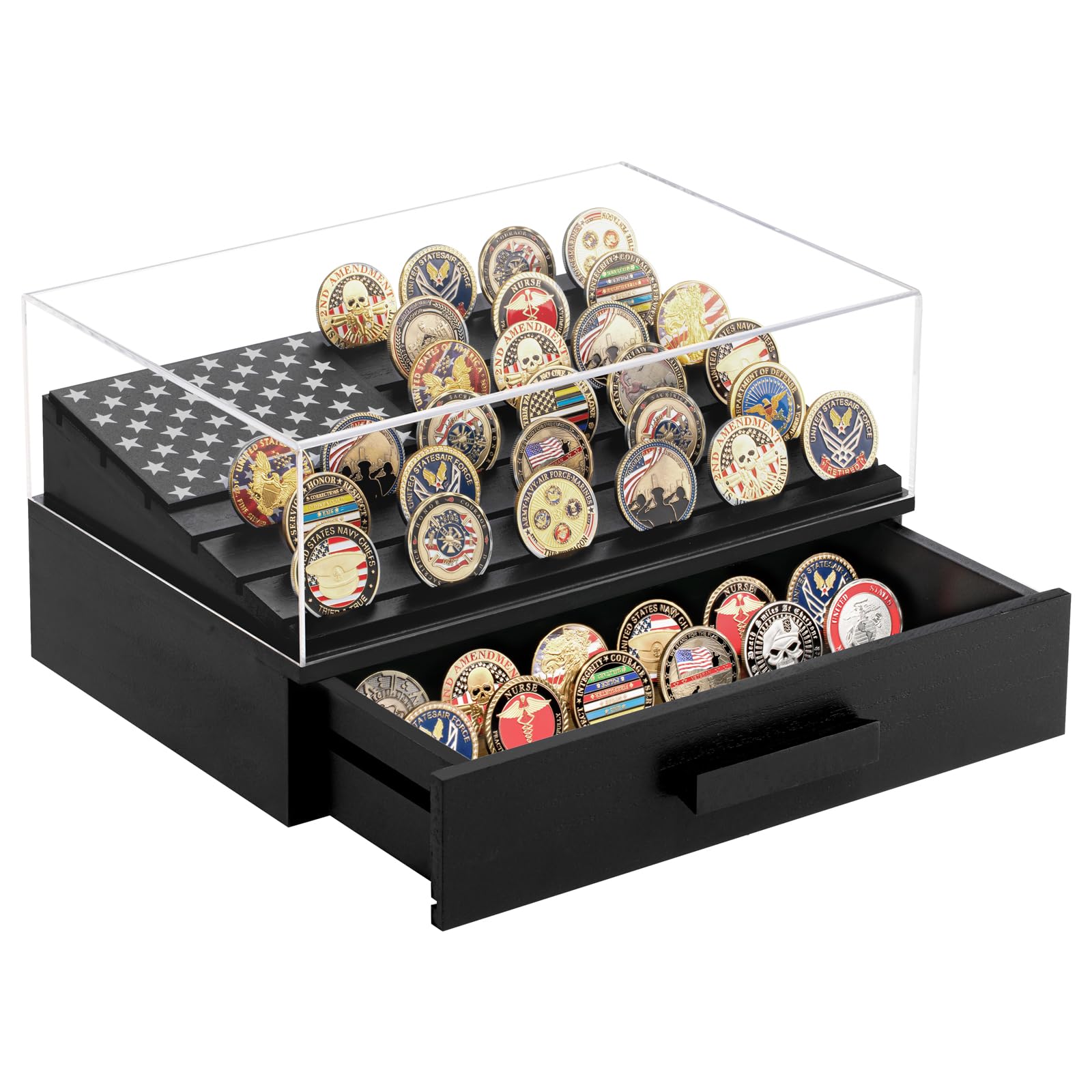 Kacorn Coin Display Case Military Challenge Coin Holder with Thickened Acrylic Lid and Drawer Wooden US Flag Shadow Box Wall Mounted Decor Gift for Collector, Grandfathers, Fathers, Comrade-in-arms