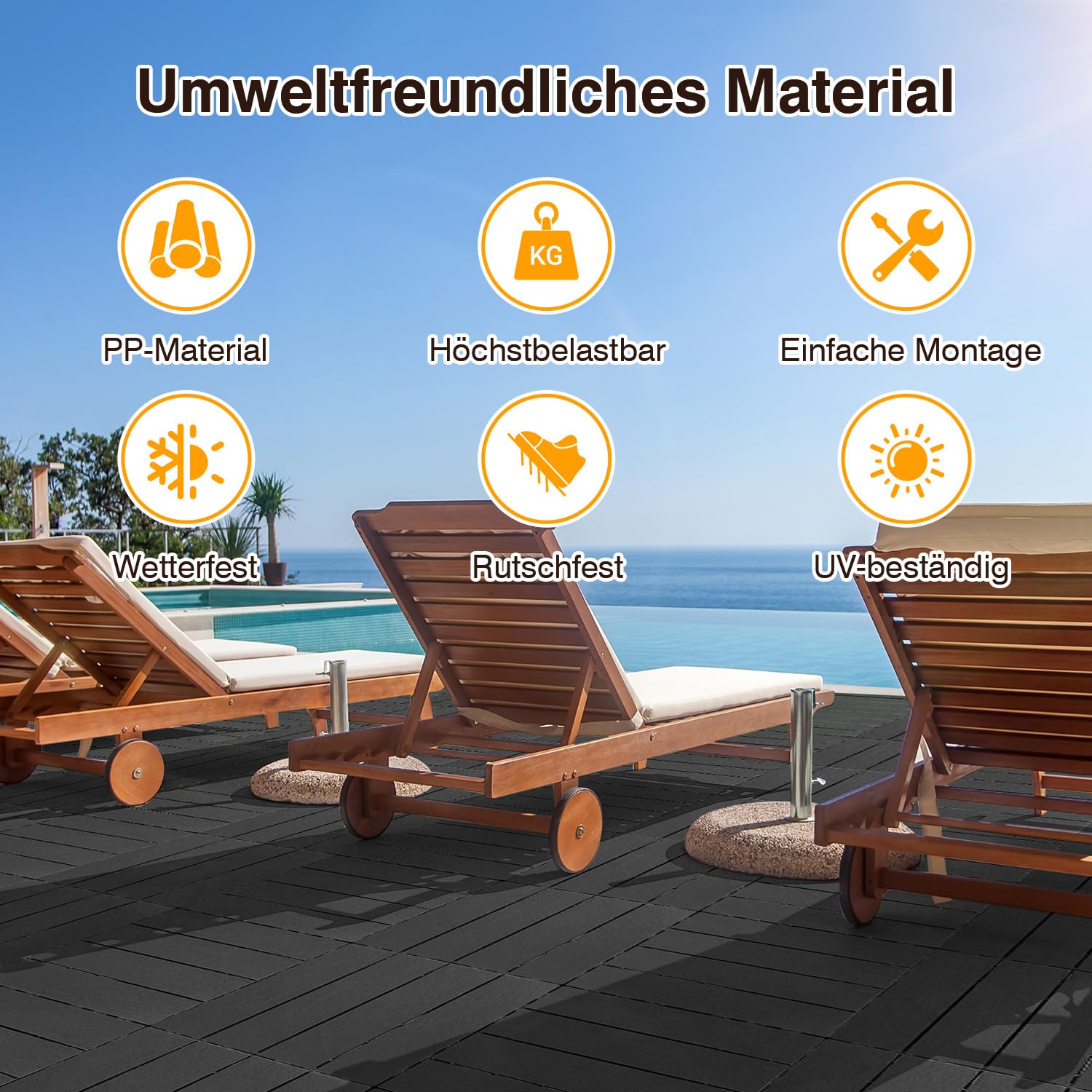 Baldosas Terraza 1 m² 30x30 cm PP Antracita | Losetas de exterior con efecto madera para jardín, balcón, patio y zona de piscina; montaje rápido con sistema de clic.
