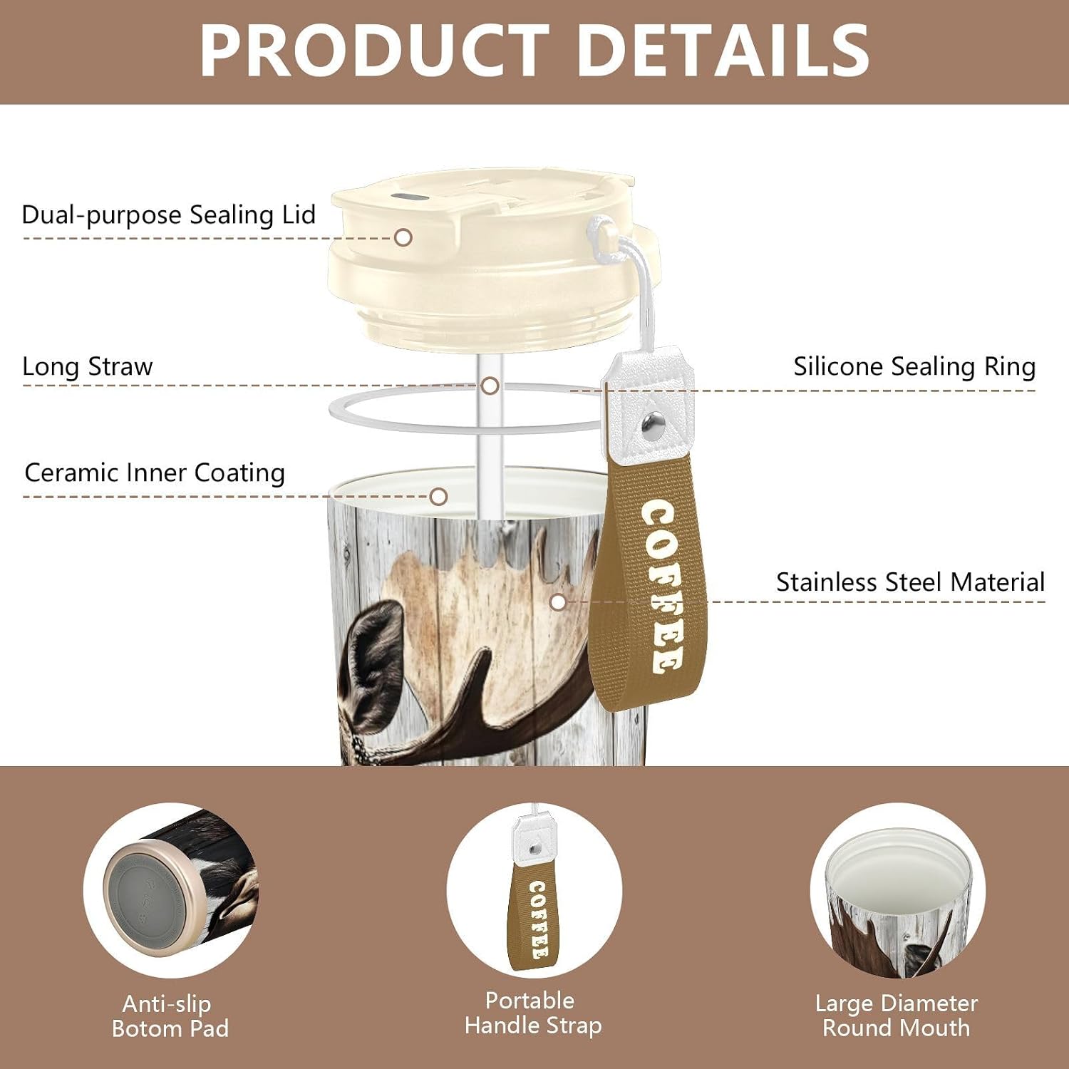 Moose Head Board Insulated Coffee Mug with Straw & Flip Lid, 16.9oz Iced Tumbler Cup, Double Wall Vacuum Mug for Travel Office