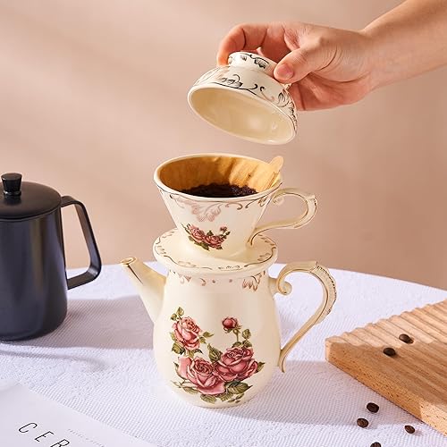 Miniatura 8 de YOLIFE Floarl - Juego de gotero de café, cafetera de cerámica con diseño de cono, 1 taza, regalo para mujeres (rosa)