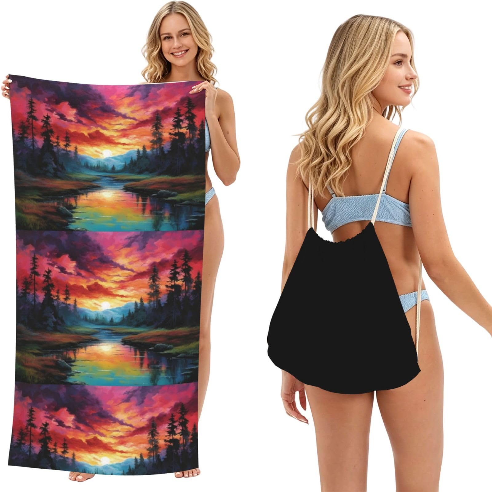 SKGOHLH Colorful mountains and waters 2in1 Packable Beach Towel Bag Women