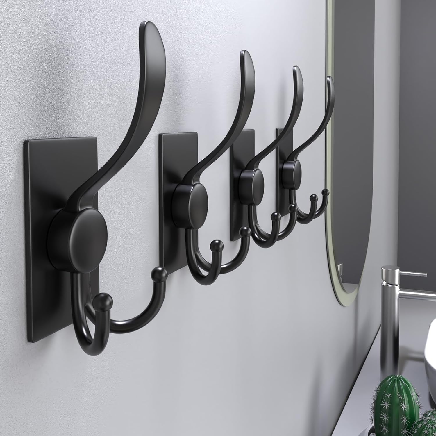 PMMASTO Adhesive Towel Hooks Heavy Duty Wall Hooks Stainless Steel Stick on Door Hooks for Hanging Coat, Hat,Towel Robe Hook-Bathroom/Kitchen (Black-6 Pack)