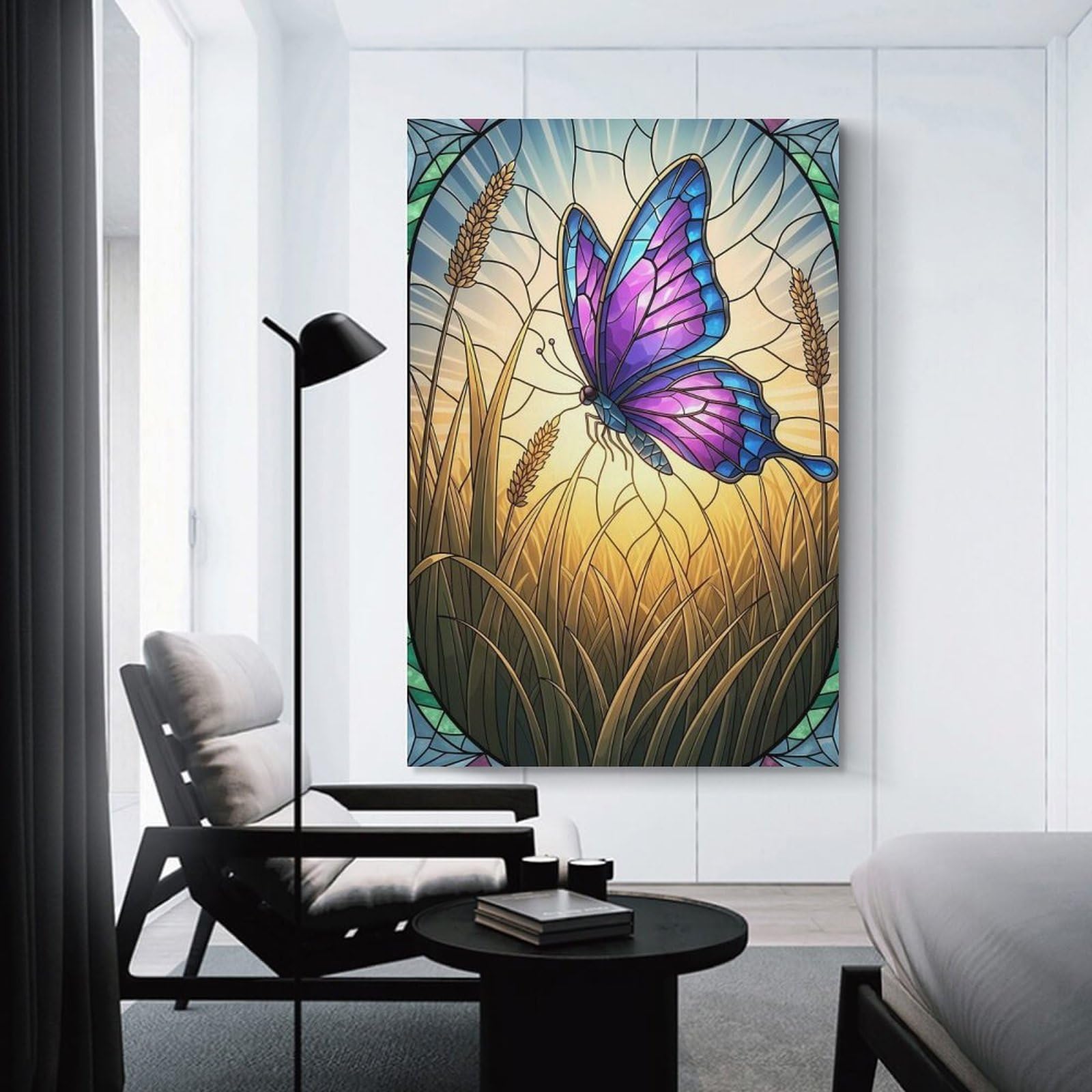 Junmoney Butterfly in Stained Glass Canvas Wall Picture, 20x30inch(50x75cm), for Flats, Guest Rooms Or Compact Rooms, An Easy Choice for New Home Styling