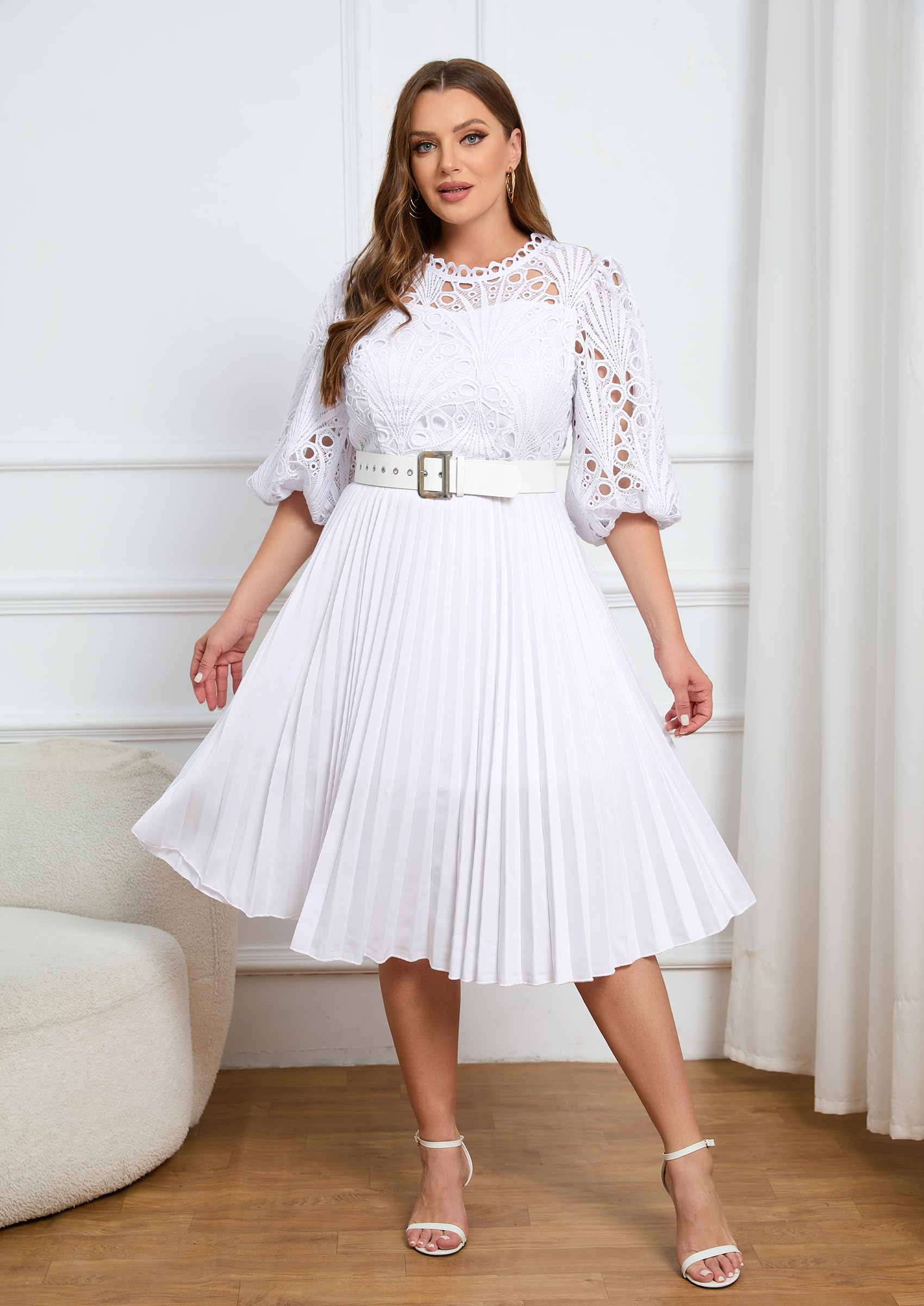 Kleid in Übergröße, Puffärmel, Spitze, plissiert, kurzärmelig, Übergröße, Midi-Kleid, hohles Party-Abendkleid