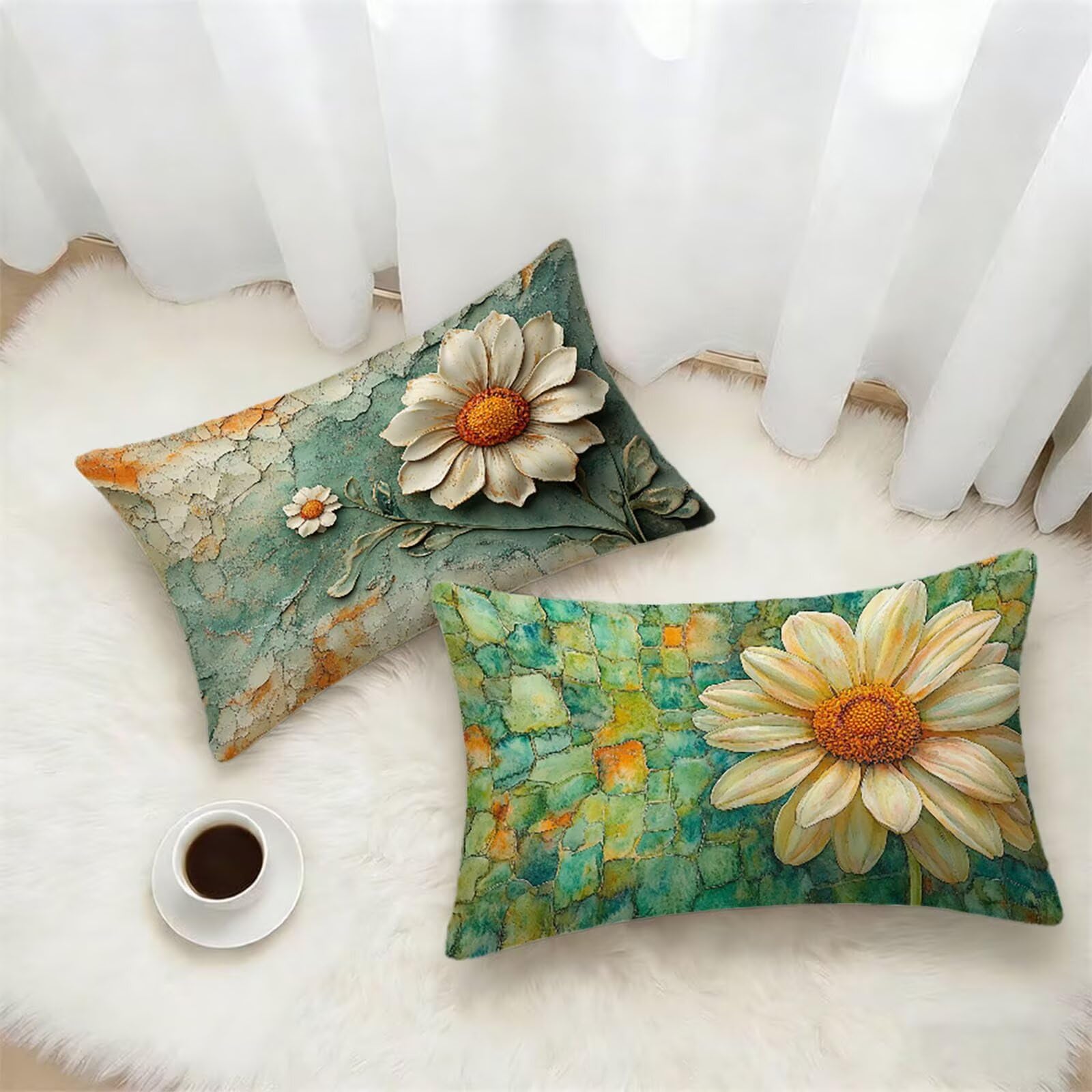 Federe Cuscino 60x80 Set di 2, Verde Federe Cuscini Divano Lino, Rettangolari Copricuscini 60x80cm Con Cerniera Invisibile, Copricuscino per Camera Letto Casa Decorazioni Regalo, Fiore kj-4518