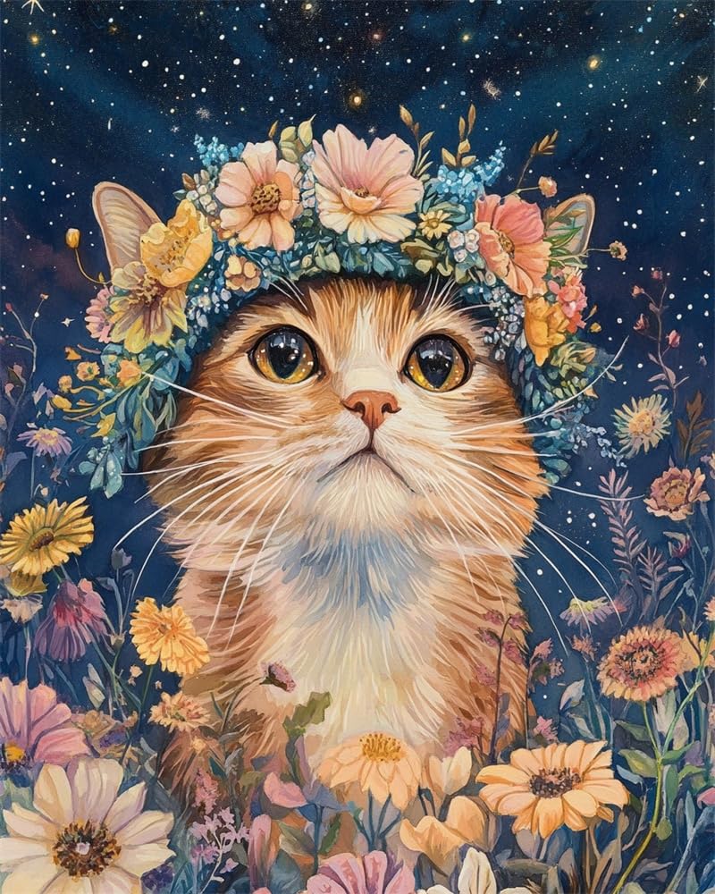 Henypt Home Cross Stitch Kits for Adults Pre Printed, Cat Wearing A Floral-Wreath Hat DIY 11Ct Embroidery Sewing Starter Kit Stamped Needlework Easy Beginners (Stamped Home)