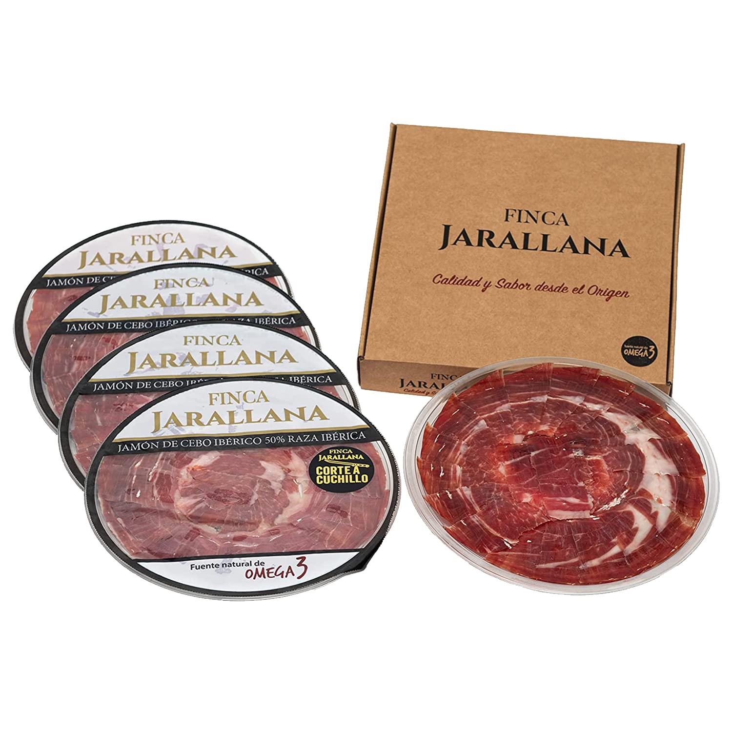 Finca Jarallana - Prosciutto di Cebo Iberico Tagliato al 50% - 5 Piatti da 100 g - Essiccazione e Stagionatura Naturale di + 36 Mesi - Maiale Iberico Allevato in Regime Estensivo