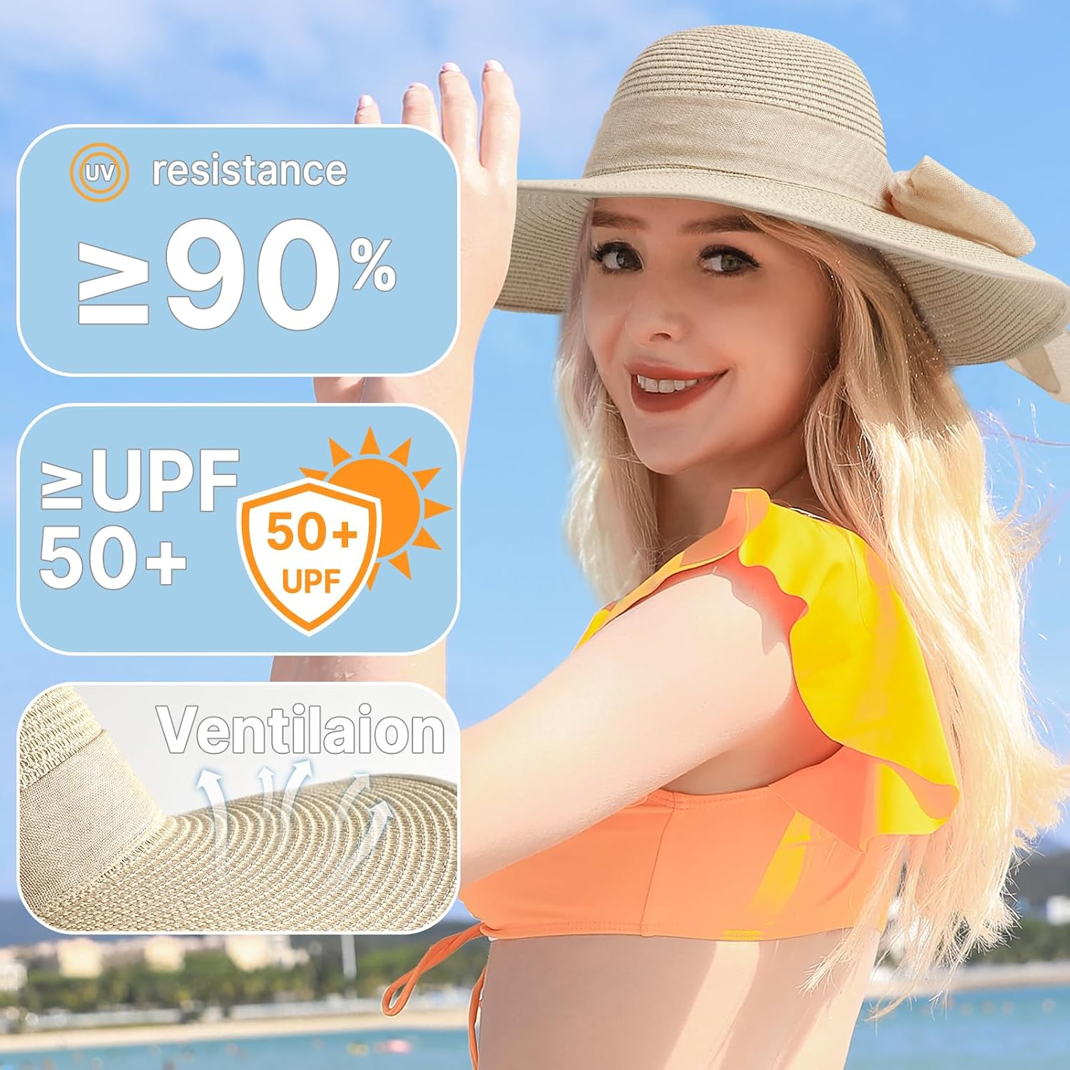 Beach Hats for Women - Beach Hat Womens UPF 50+, Packable Sun Hat Women Roll Up, Wide Brim Straw Hat for Women