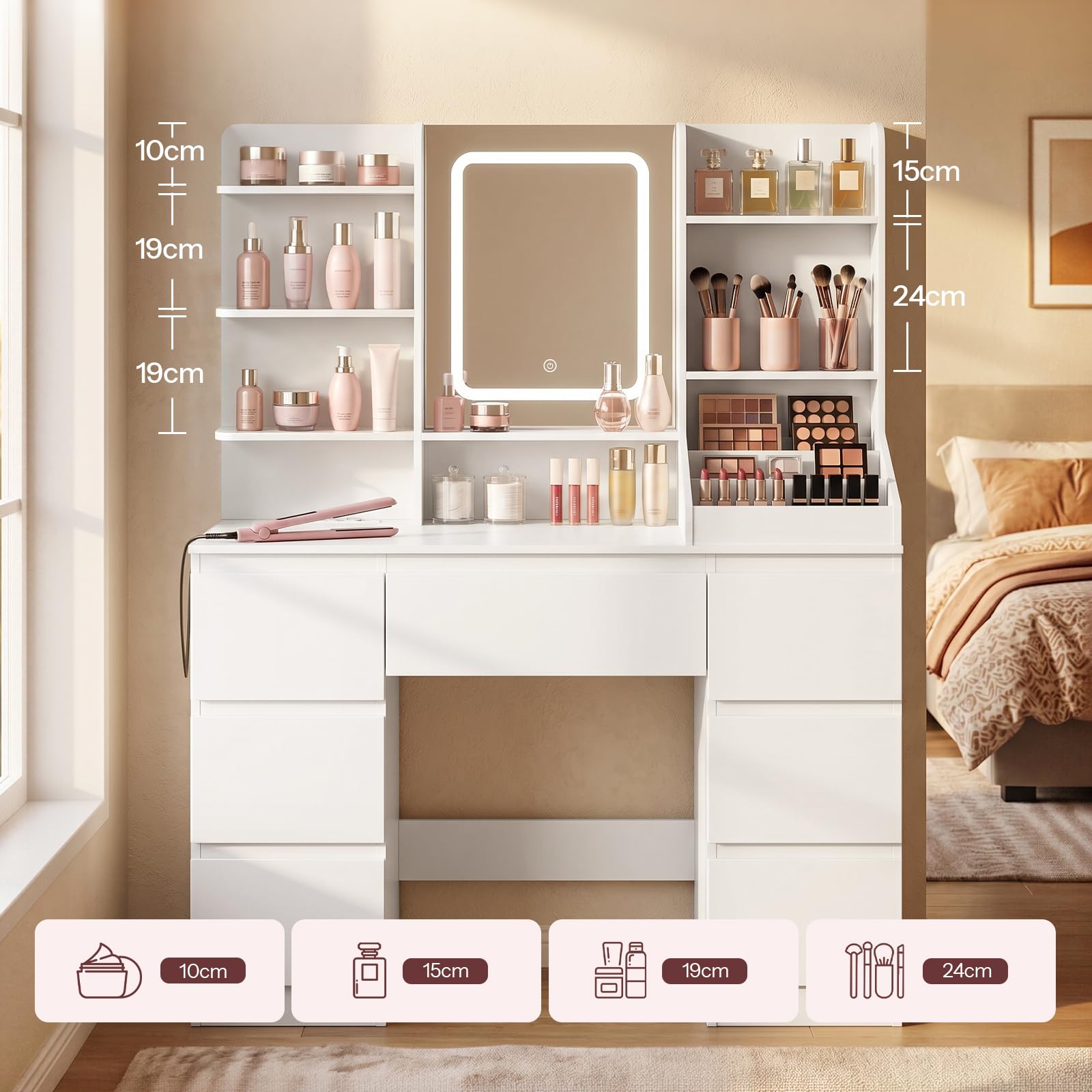HOOBRO Tocador, con Espejo LED Regulable, Mesa de Maquillaje, 5 Estantes Abiertos y 7 Cajones, con Estación de Carga Integrada (2 Tomas CA, 1 USB-A, 1 Tipo C), para Vestidor, Habitación, Blanco