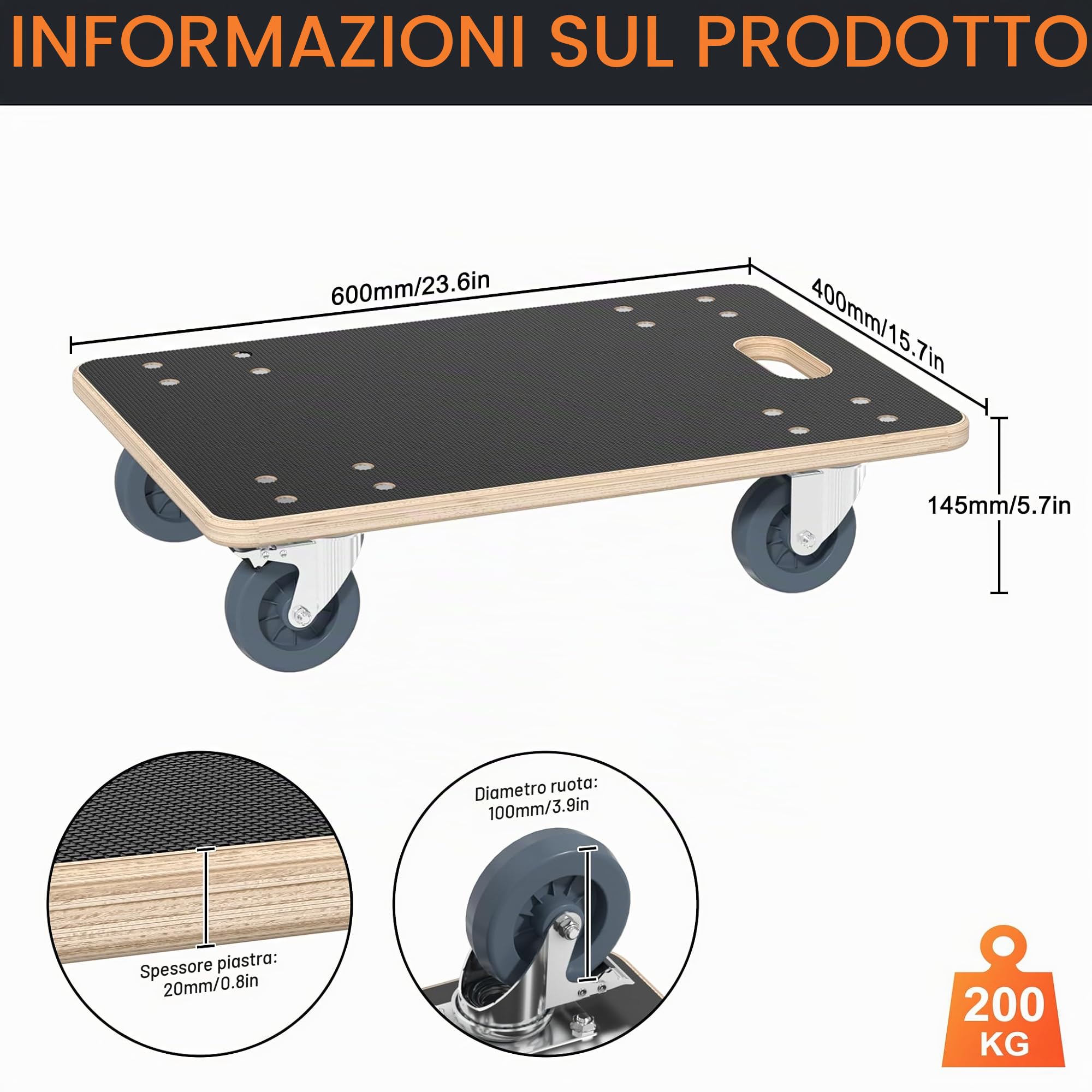 HENGMEI Carrello per il trasporto, 2 pezzi, con 2 freni di stazionamento, ruote in legno, per mobili, trasporto di mobili, 200 kg, portata per piattaforma con rullo a 360°, 600 x 400 x 145 mm