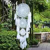 Acchiappasogni Boh&eacute;mien Grande - Piume Bianche, Macram&egrave;, Diametro 30cm