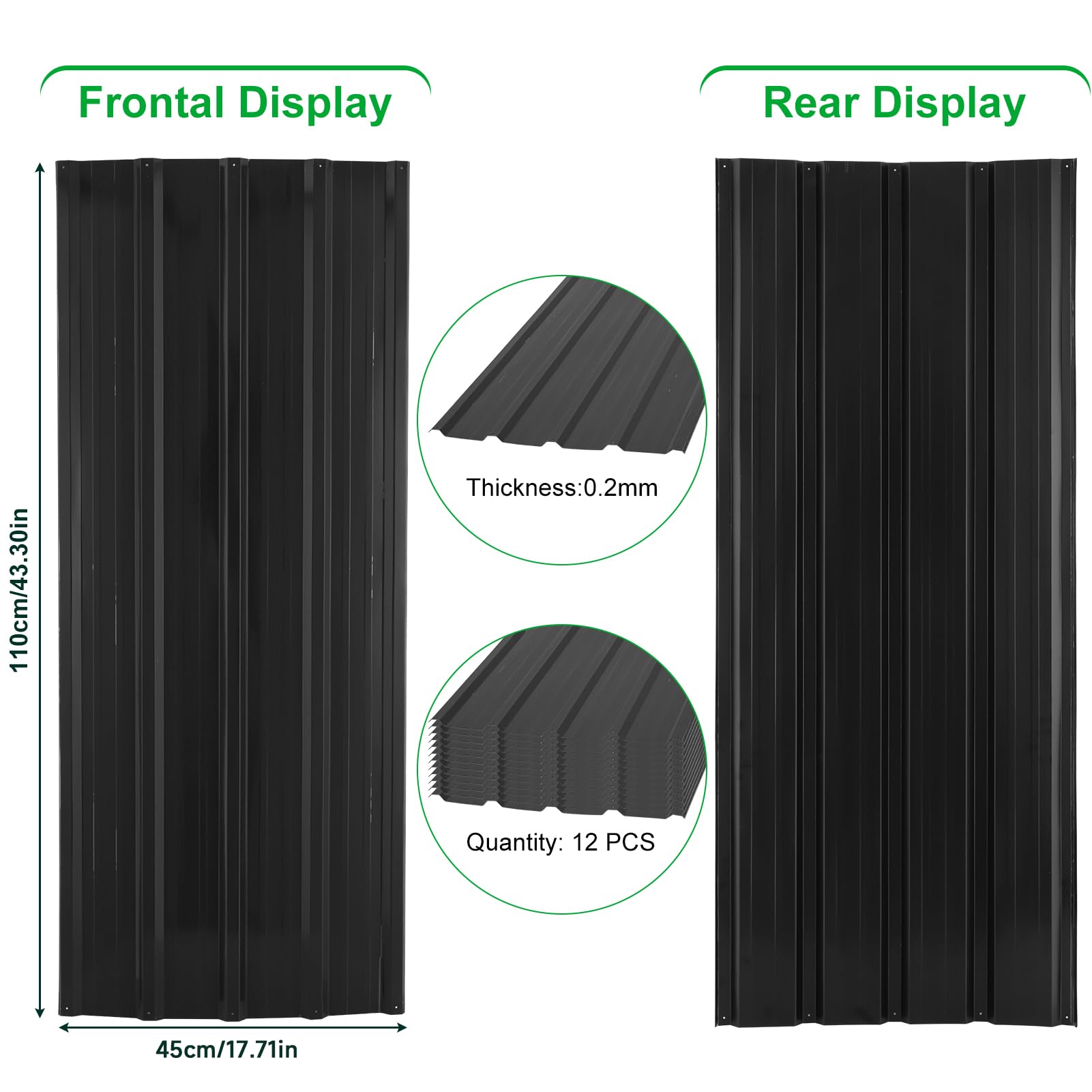 12 fogli trapezoidali, 7 m², 110 x 45 cm, in metallo zincato, antiruggine, resistente alle intemperie, profilato, lamiera ondulata, pannelli per tetto, casetta per attrezzi (BLACK-12PCS)
