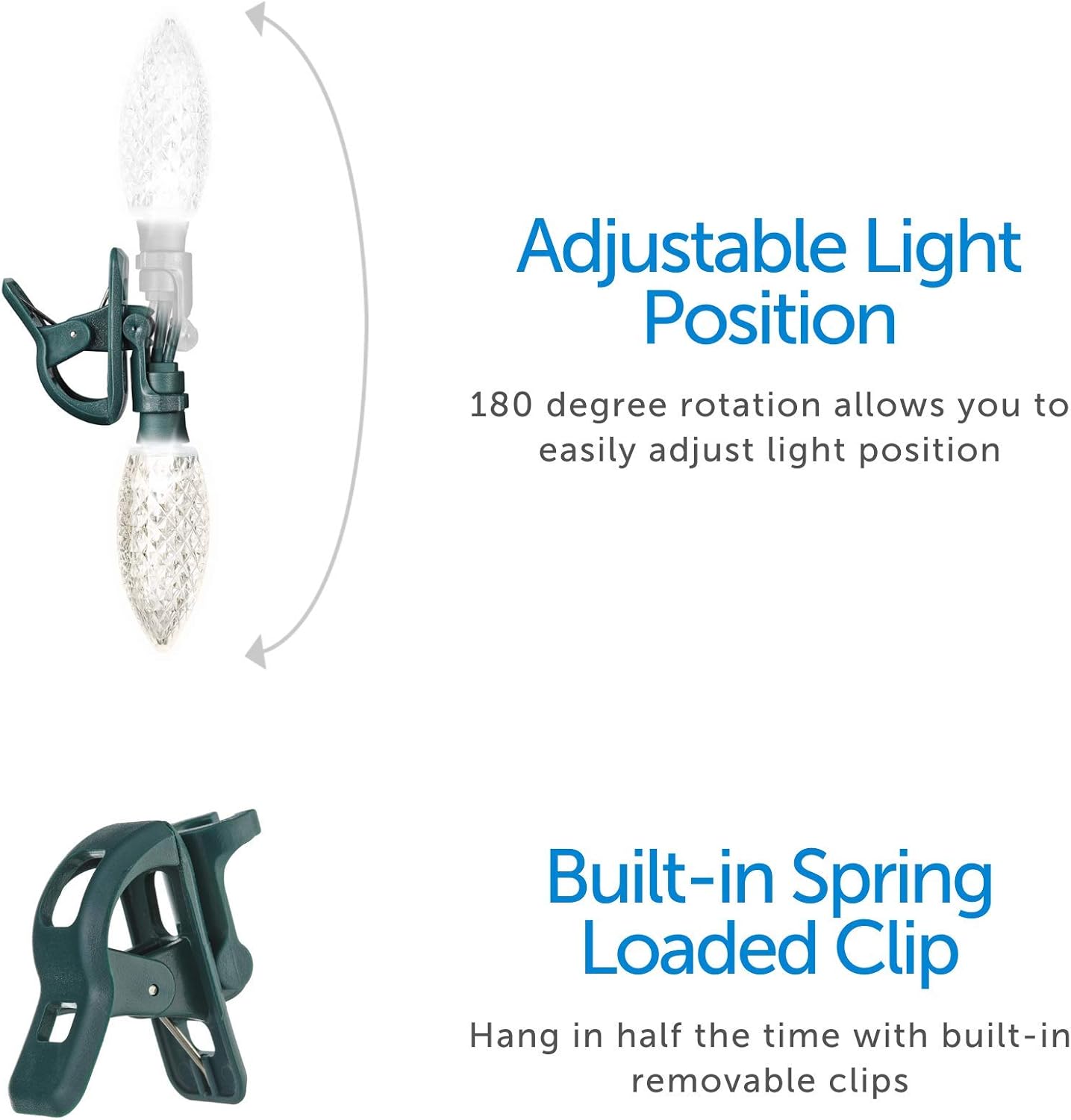 C9 LED Quick Clip Christmas Lights | Built-in Clip-On String Lights | 25 Clear Warm White Bulbs | 16.8 Foot White Wire Strand