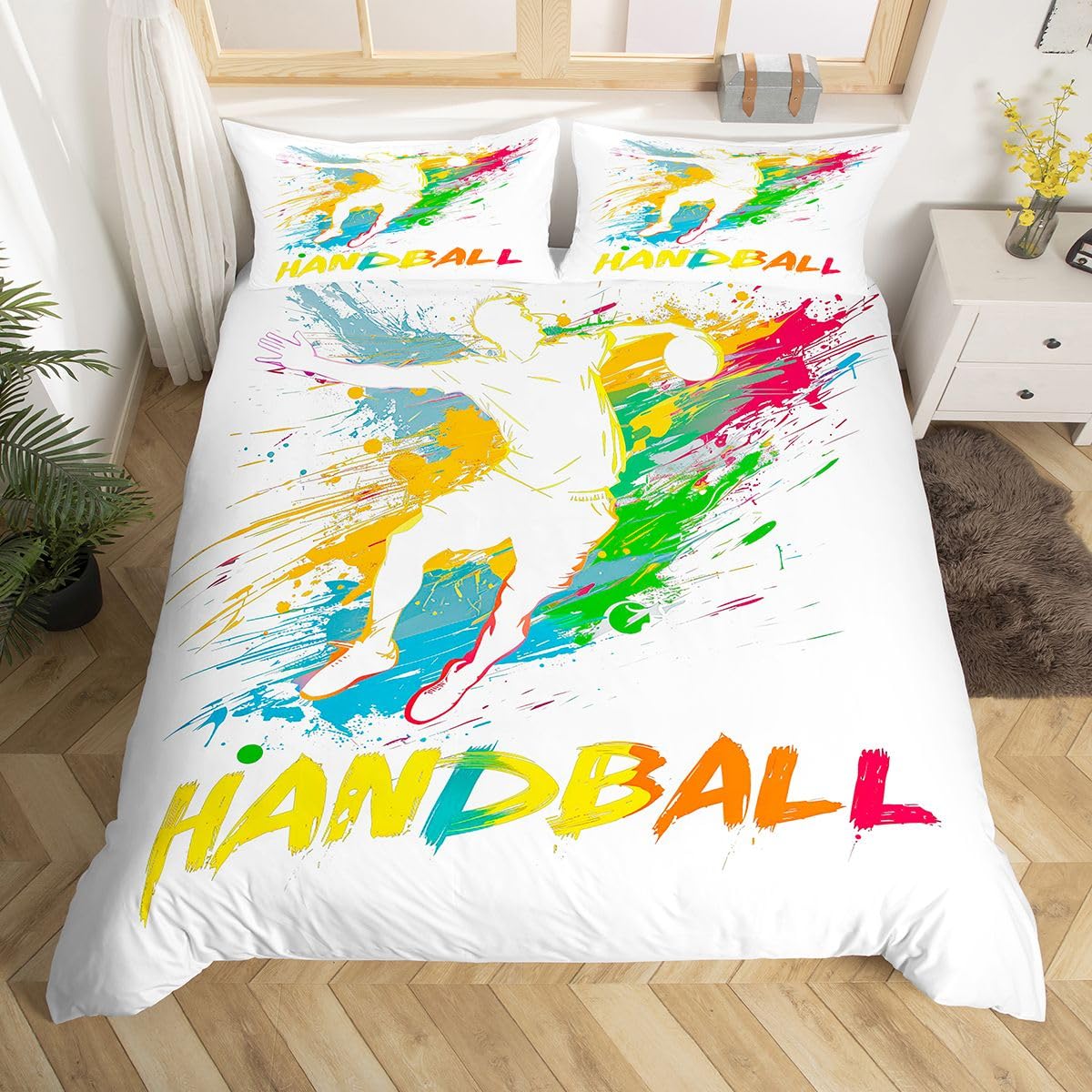 Homewish Boys Handball Cot Duvet Cover Set for Teen Sports Themed Bedroom - Handball Player Print Bedding with Colorful Stars Reverse - Abstract Graffiti Quilt Cover with 1 Pillowcase