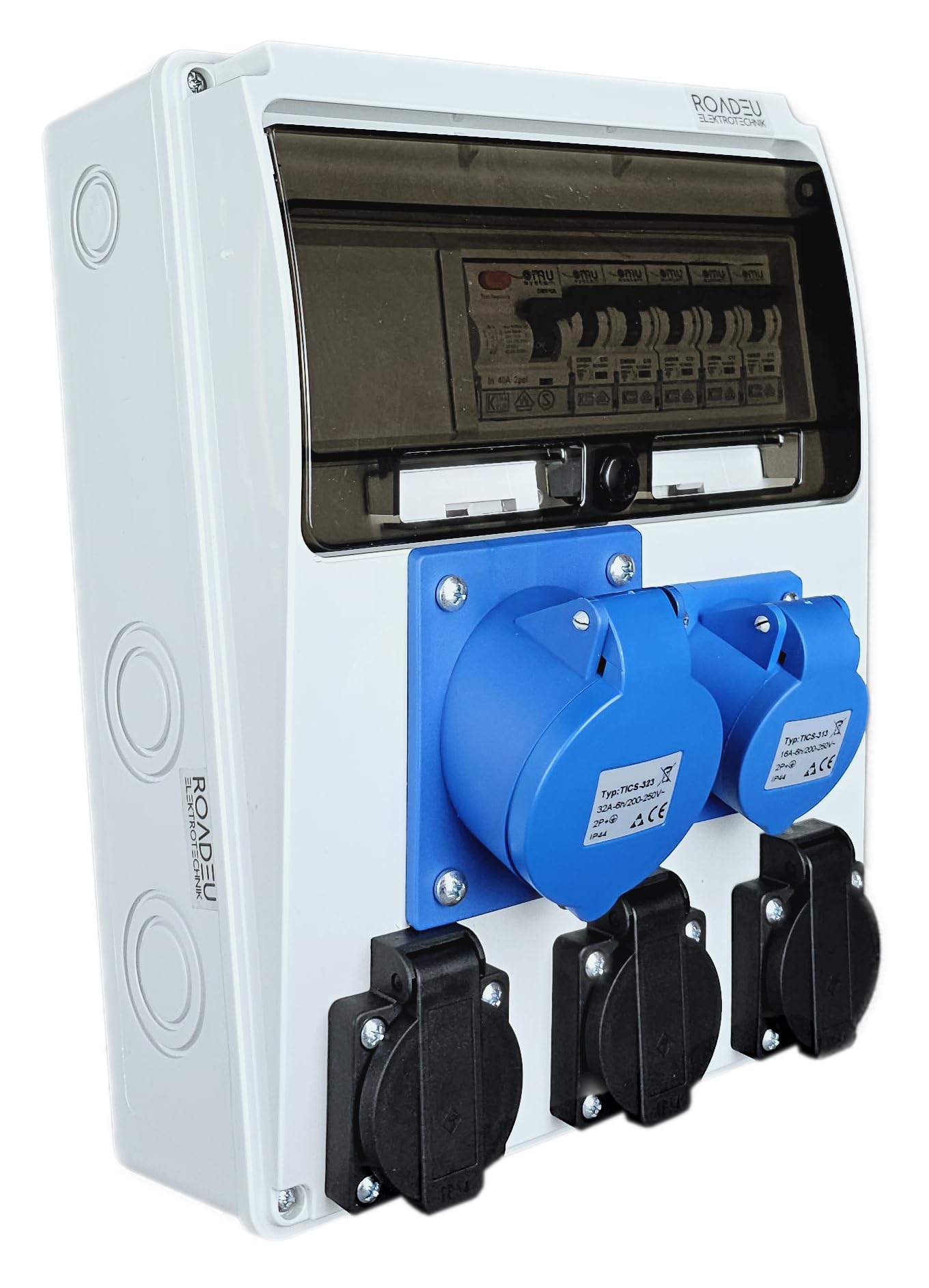 RoadEu - Power Distribution Box - 3x 13 Amp Socket and CEE 32Amp, 16Amp Socket 3P - Monophase Wall Combination Sockets with Circuit Breakers and RCD, Includes 32A, 16A and 13Amp MCB