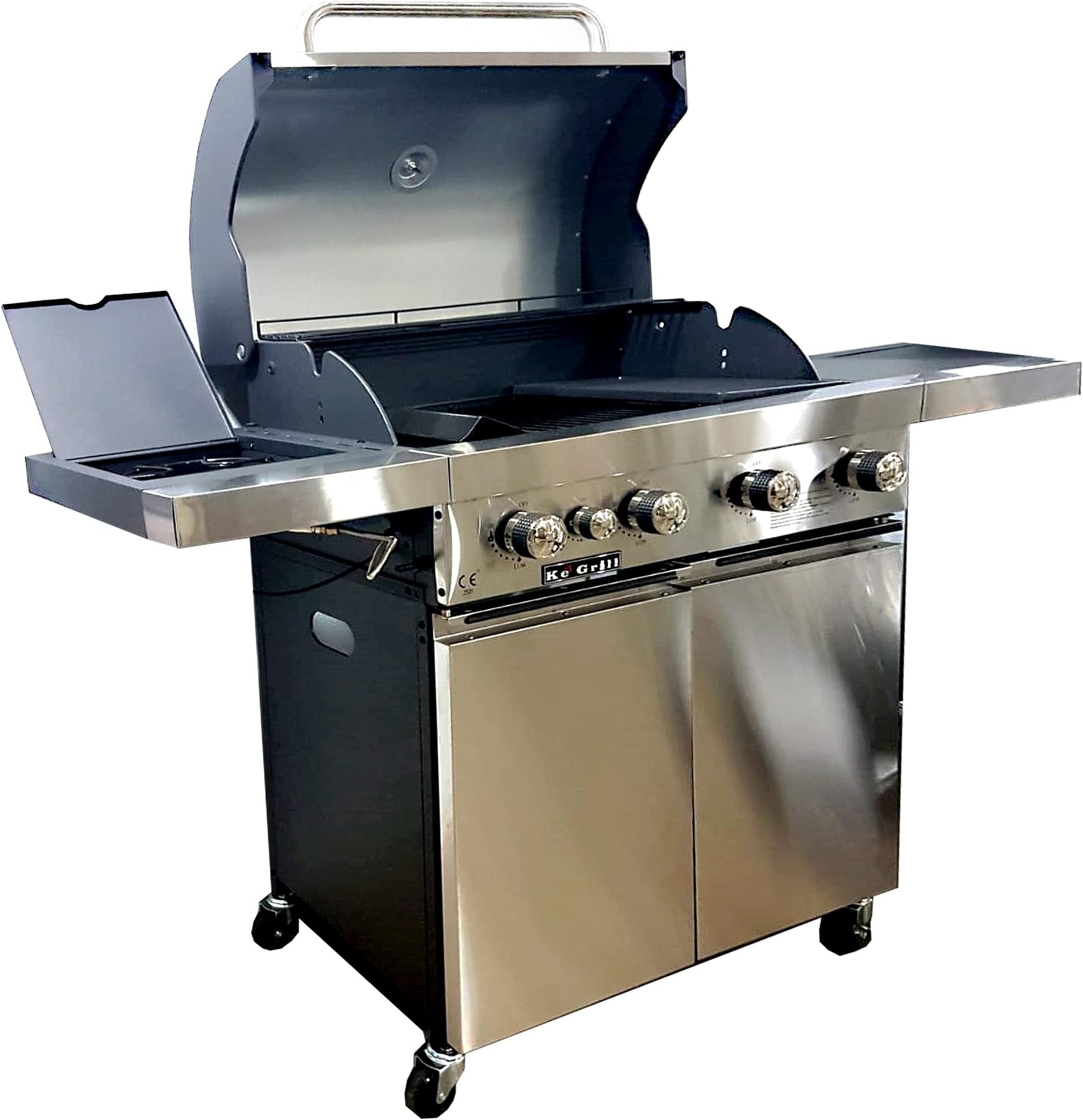 Barbecue A Gas Professionale XXL Con 6 Fuochi - 19 KW, Griglia Ghisa, Acciaio Inox, Ruote
