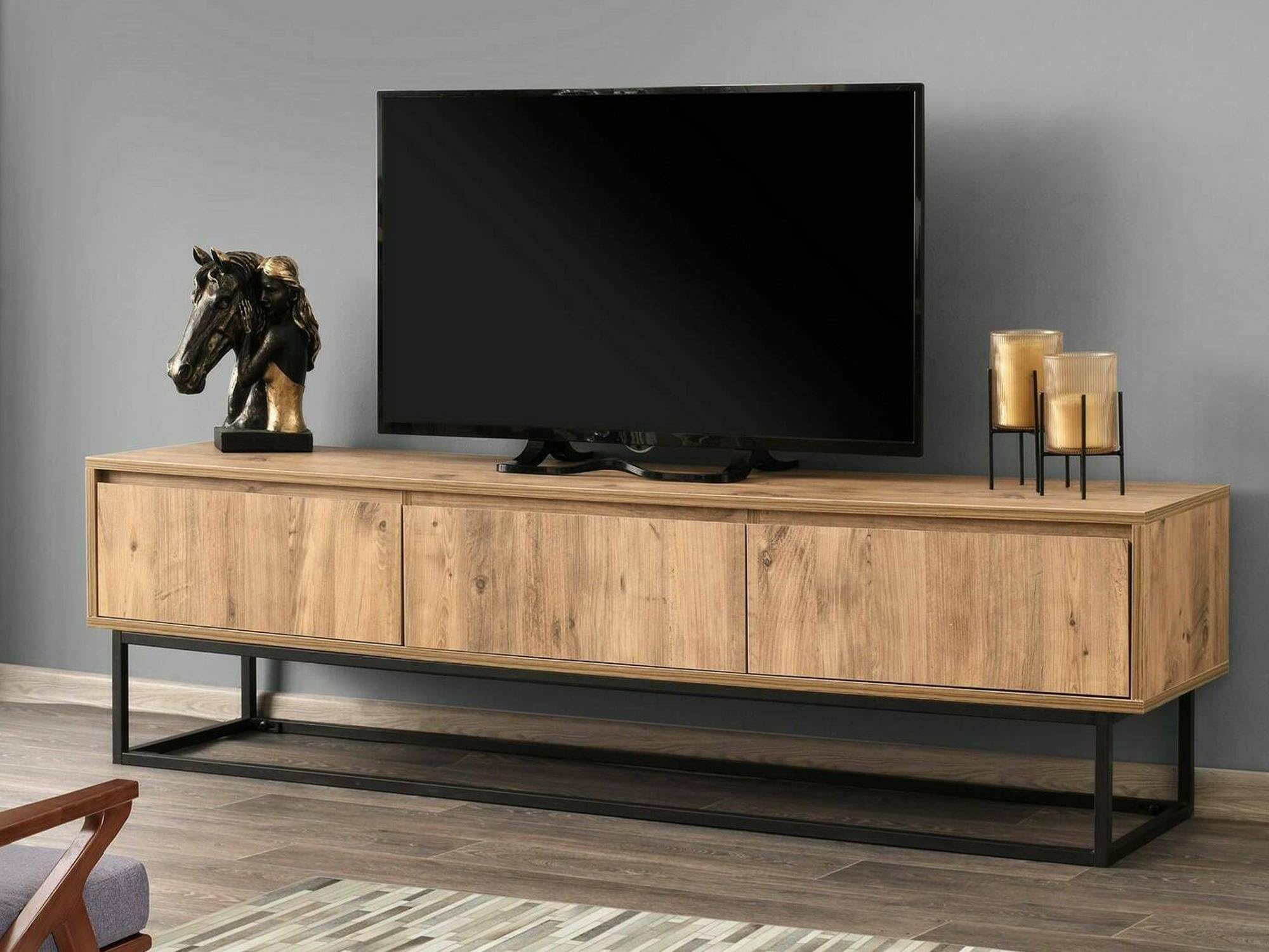 Dmora - Mobile porta TV Suhail, Credenza da soggiorno, Armadio basso per TV, Base parete attrezzata, 180x40h50 cm, Quercia e Nero