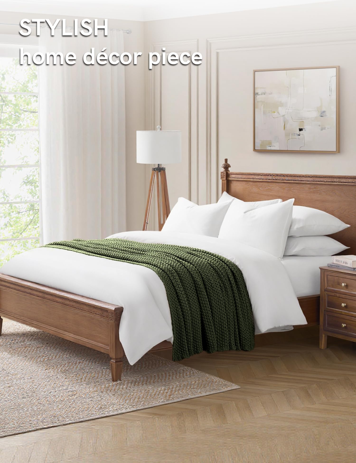 YnM Grobstrick-Überwurfdecke, Zopfstrick-Überwurf für Bett, Couch, Sofa, bequem und entspannend, dekoratives Stück für Bauernhaus, modern, Boho, rustikal, skandinavisch, schick, Kieferngrün, 203 x 214