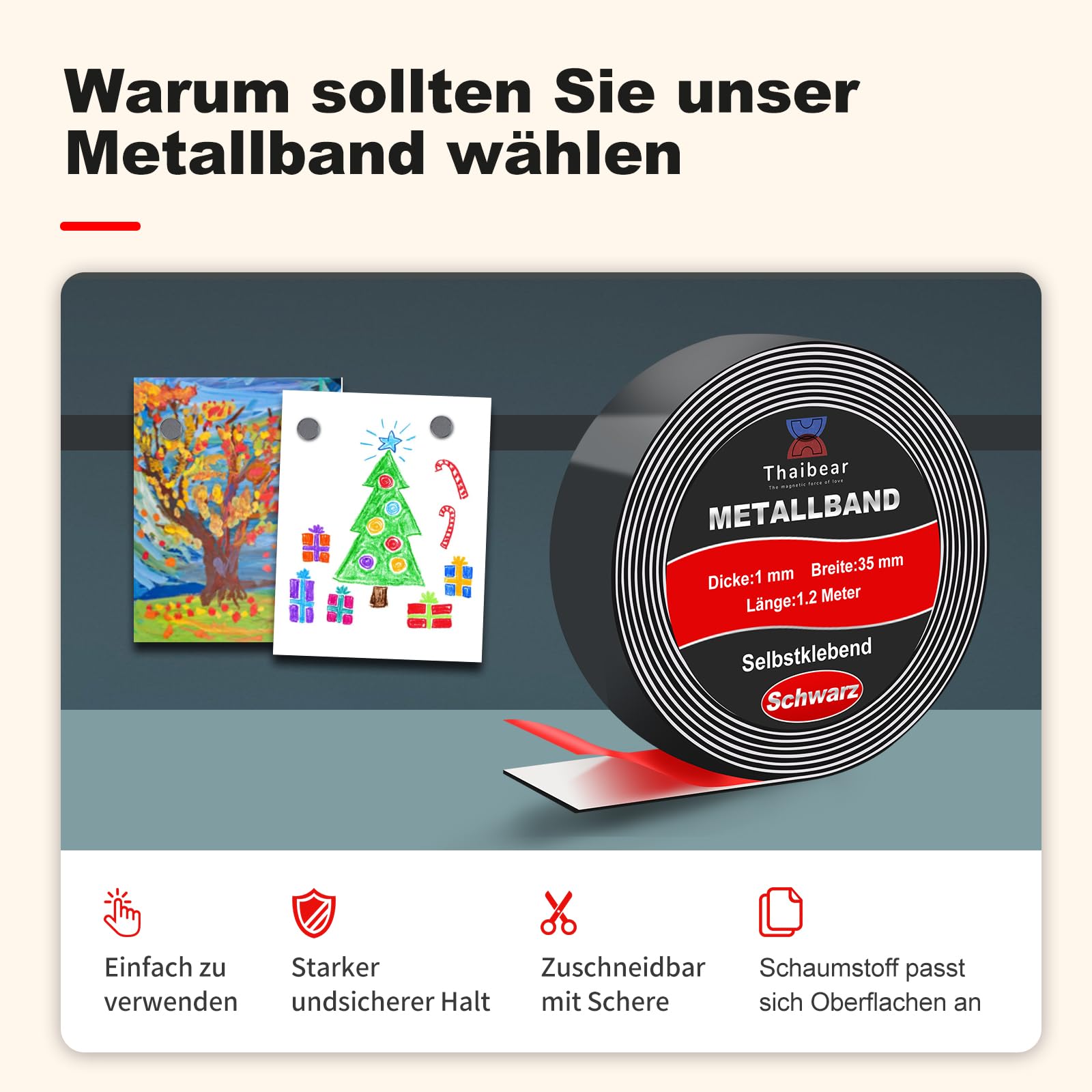Thaibear® Nastro metallico autoadesivo, ideale per magneti (7,92 m, nero) | T-onies®, striscia metallica autoadesiva, con adesivo in schiuma e nastro di ferro, per figure e scaffali, nastro magnetico