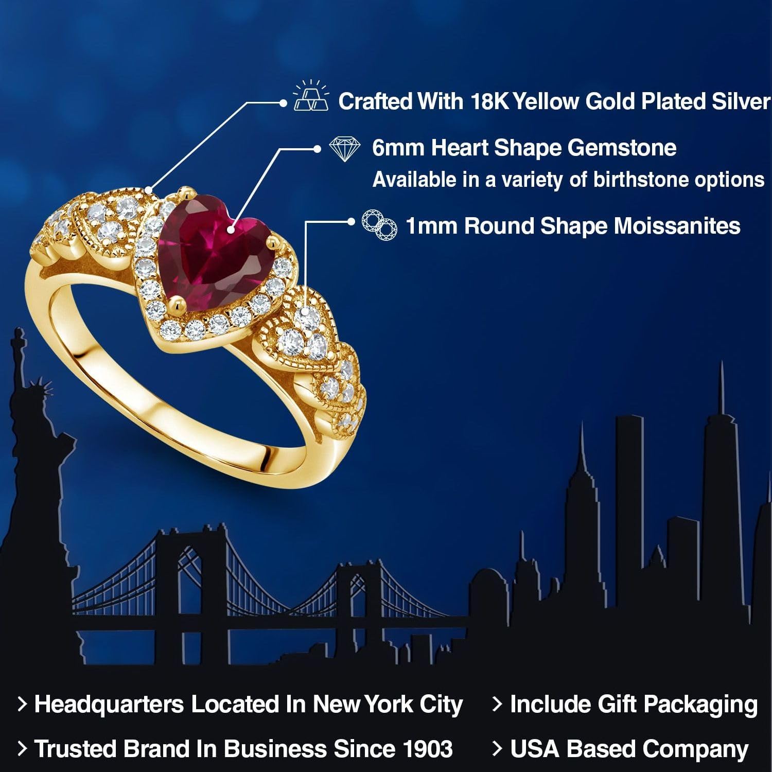 Gem Stone King Heart Halo Ring for Women | 18K Yellow Gold Plated Silver | 6MM Gemstone Birthstone and Moissanite Accents | Wedding Anniversary Engagement Ring