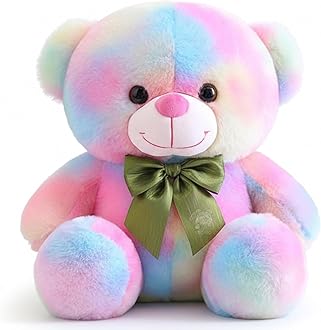 Storio Rainbow Plush Teddy Bear 30 cm – Soft Stuffed Animal Toy with Pastel Fur & Green Bow – Cute Cuddly Gift for Kids, Babies, Girls & Boys