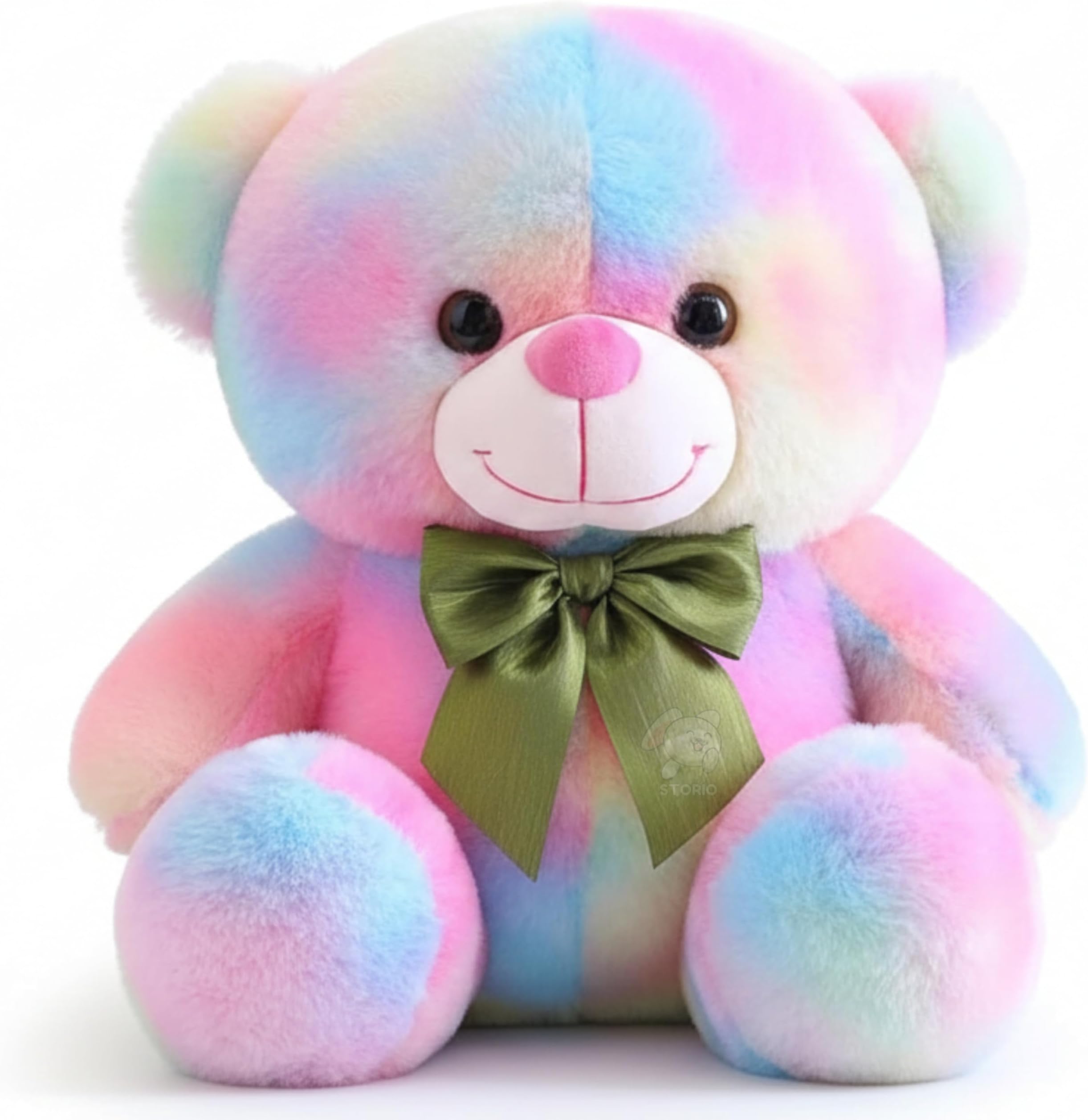 Rainbow Plush Teddy Bear 30 cm – Soft Stuffed Animal Toy with Pastel Fur & Green Bow – Cute Cuddly Gift for Kids, Babies, Girls & Boys