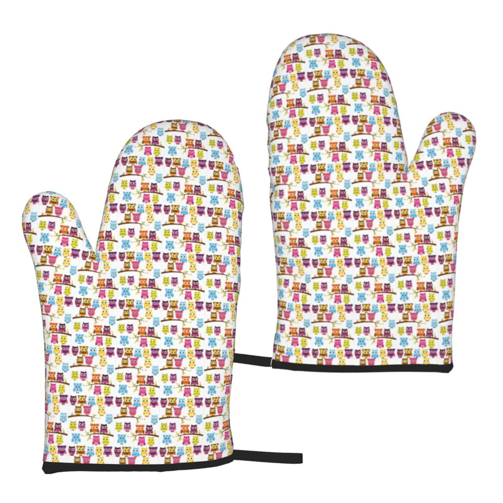 Owls On Tree Branches Print Heat Resistant Universal Fit Oven Microwave Gloves Home Cooking Baking Grilling