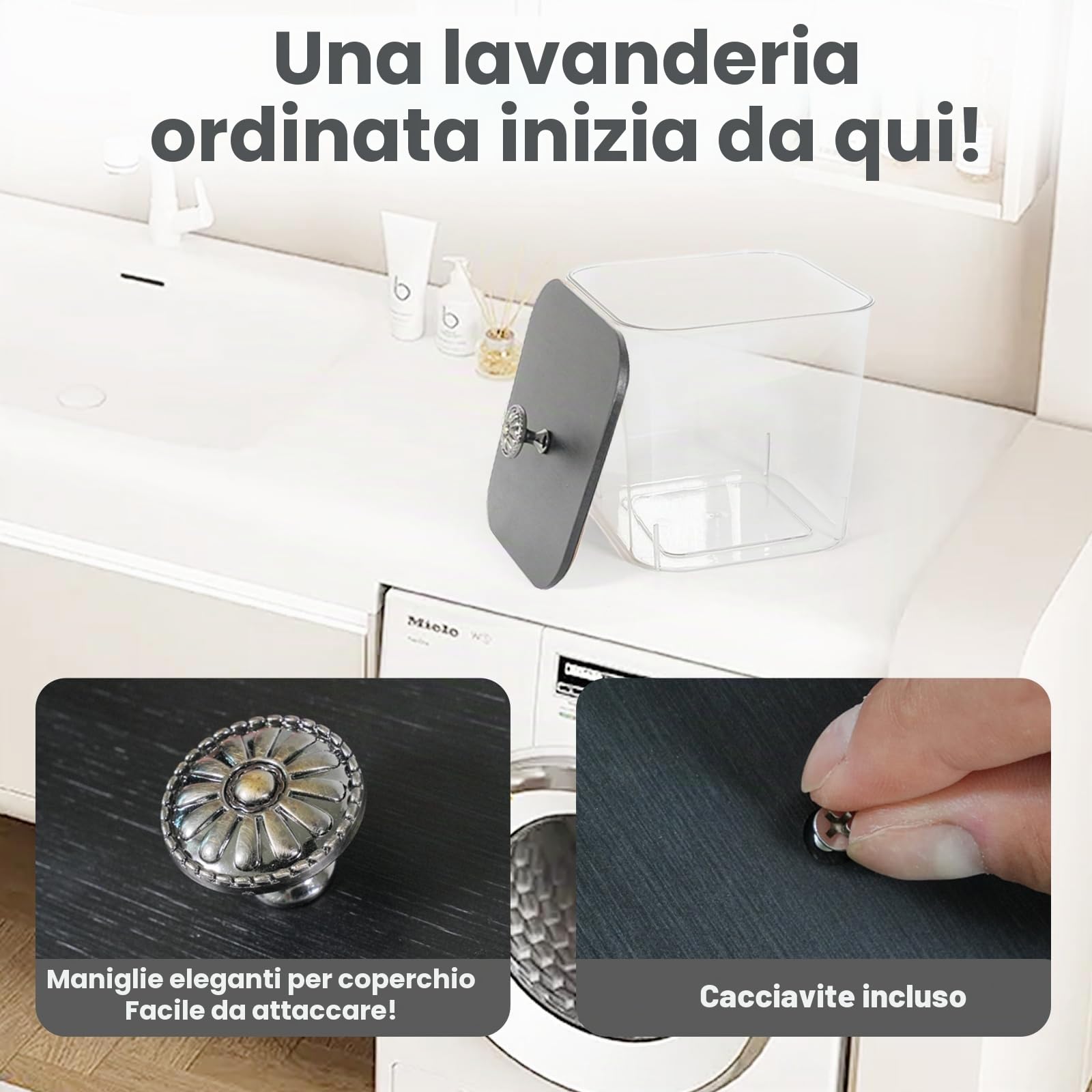4 confezioni di contenitori per baccelli per bucato e porta fogli ammorbidenti - Contenitori di organizzazione e stoccaggio per lavanderia in plastica trasparente con coperchi neri, misurini ed