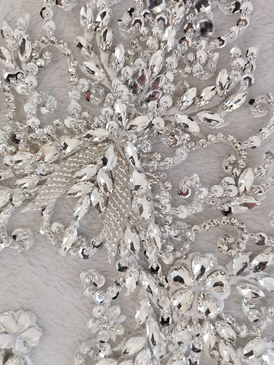 Handmade Rhinestones Beads Applique sew on Crystal Sequins lace Trim Patches Accessories for Dress Clothing Shiny Bead Decorative Material 15.7X15.9inches (Silver)