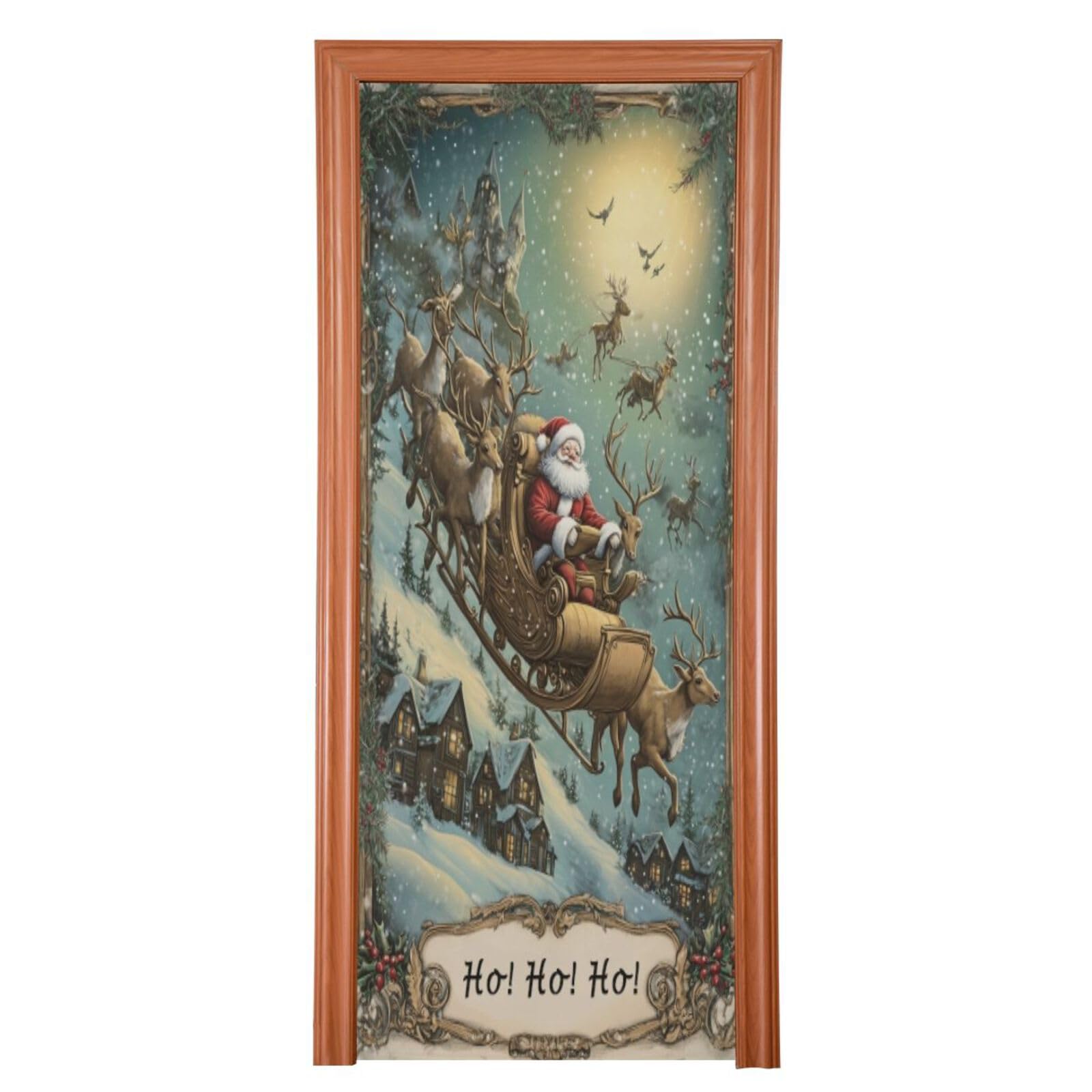 J JOYSAY Christmas Night Santa Reindeer Door Decorations Door Cover Christmas Decorations Door Xmas Front Door Decorations for Christmas Party,32x79 in