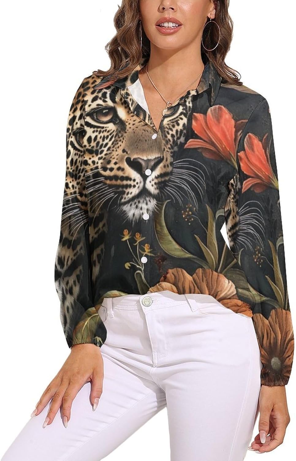 Button Down Shirts for Women Flower and Leopard Dress Shirts Long Sleeve Blouse Business Casual Work Tops