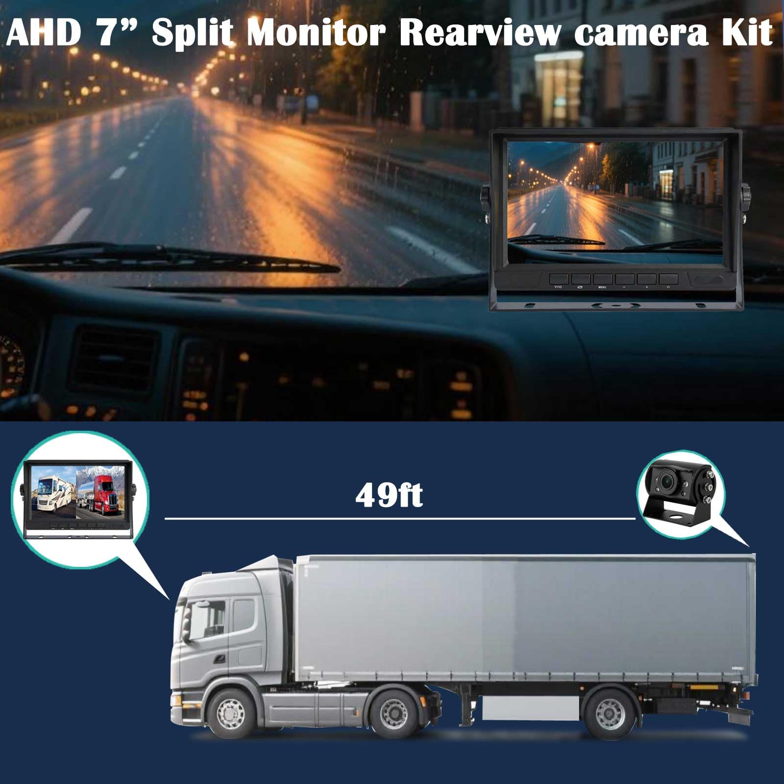 AHD 1080P Fahrzeug LKW Rückfahrkamera mit 17.8 cm 2-Split Monitor | 2 x wasserdichte IR-Nachtsicht-Rückfahrkamera, 15 m Kabel, 12 V-24 V, robuster Sattelauflieger, Wohnmobile, LKW