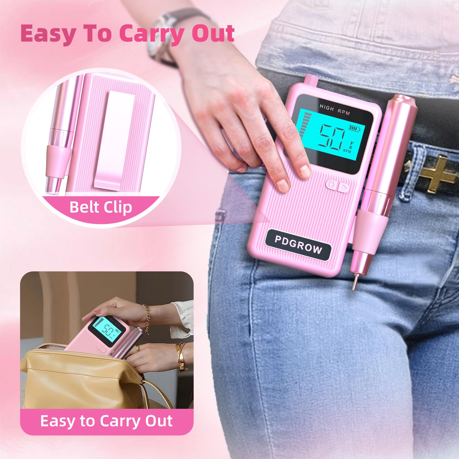 PDGROW Nail Drill, 50000RPM Professional Cordless Electric Nail Files - Image 4