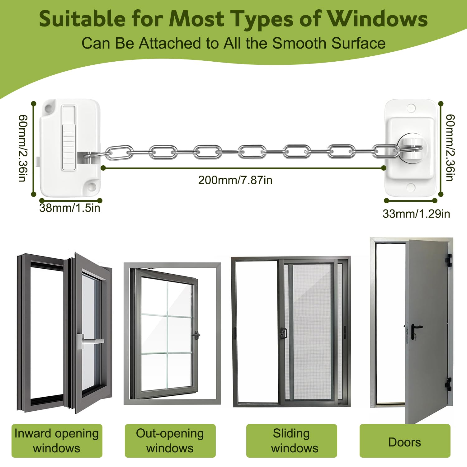 Window Restrictor Child Safety Locks: 304 Stainless Steel Chain with Dual-Switch Mechanism - Image 2