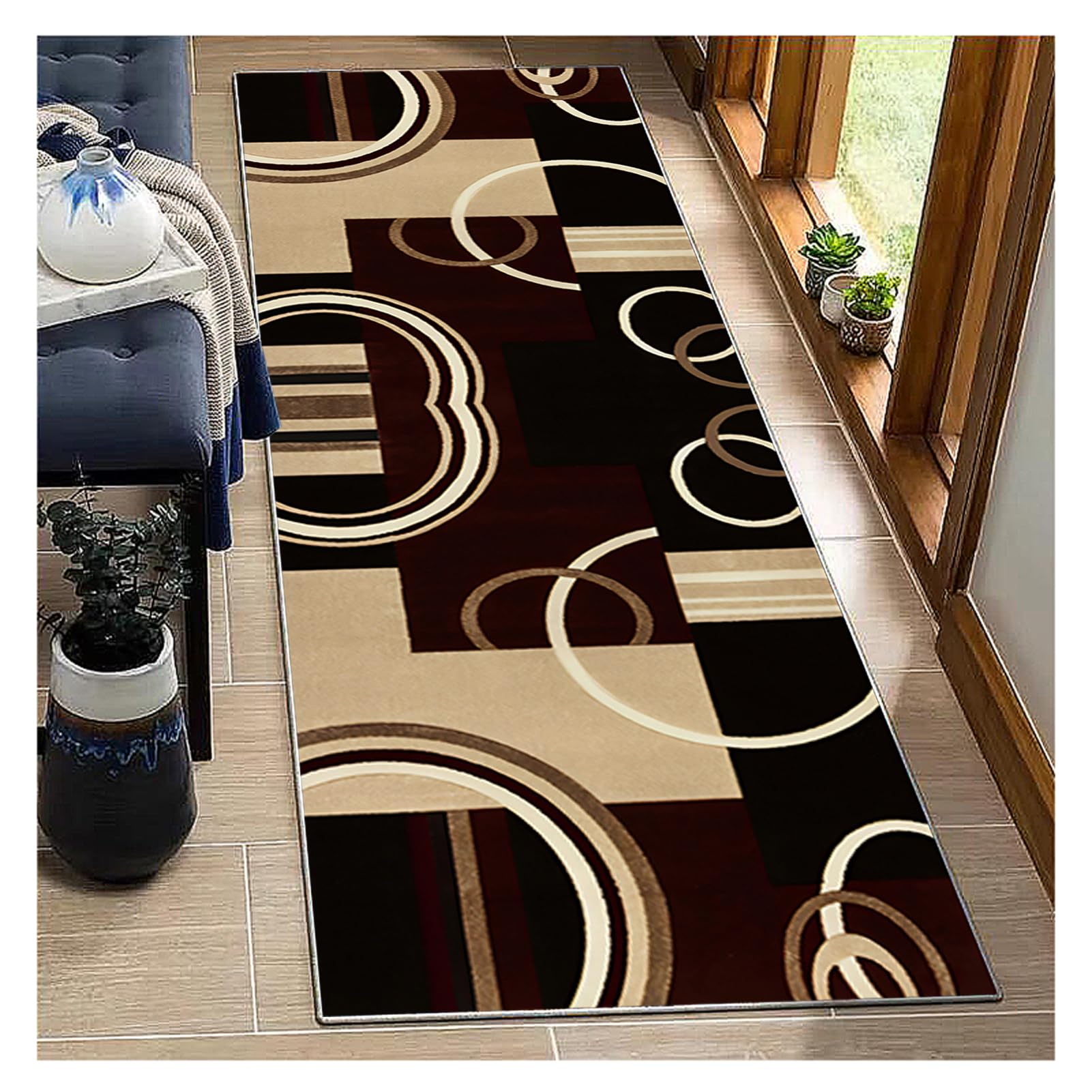 BORKOY Non-Slip Washable Carpet Runner Rug for Hallway, Kitchen, Bedroom,60x300cm, Brown & Black Geometric Design, Heavy Duty Long Rug for Indoor Outdoor Use, Customizable Width 40-120 cm — image 1