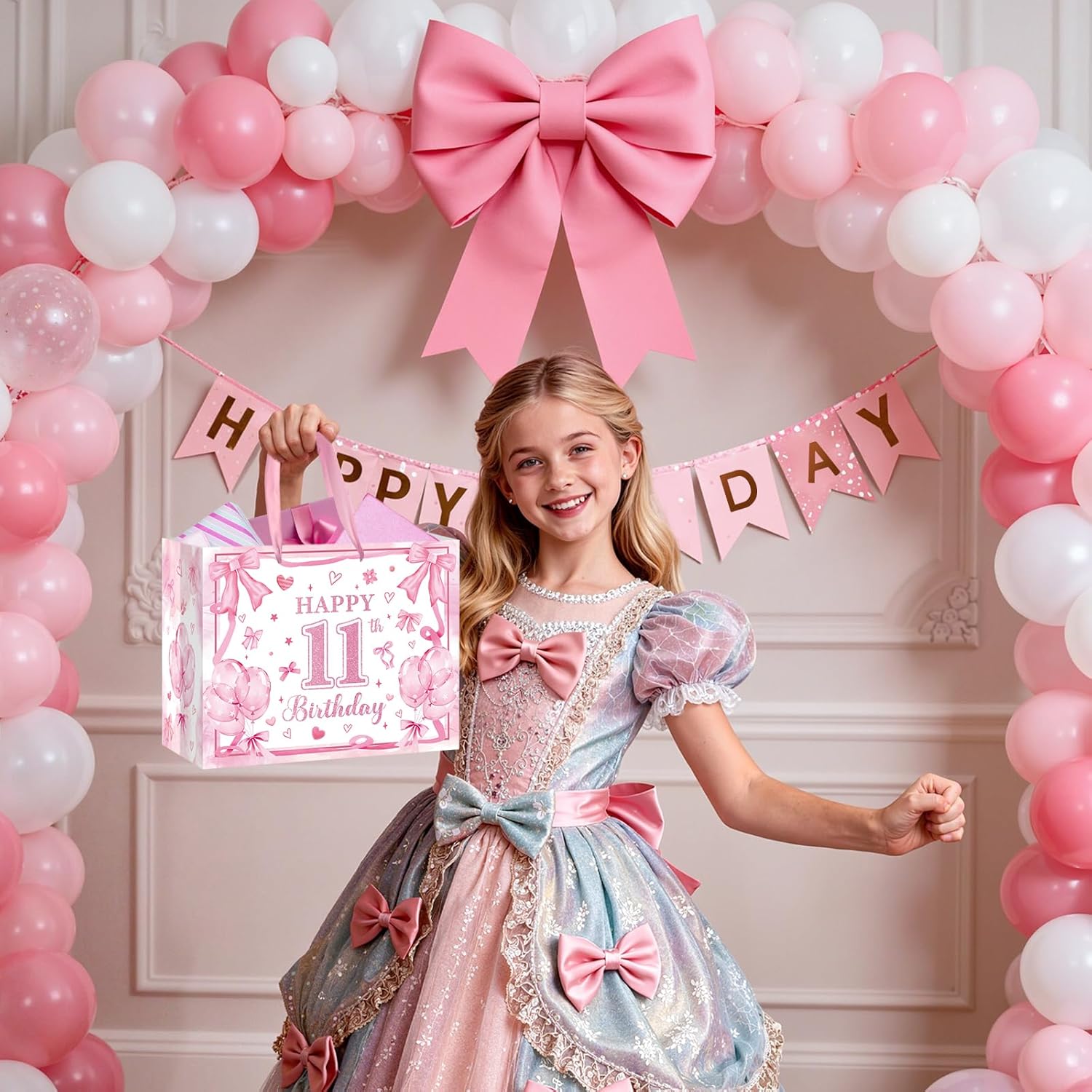 Large 11th Birthday Gift Bag for Girls Pink Bow 11 Year Old Gift Bags with Wrapping Paper and Greeting Card Happy 11th Birthday Party Favor Bag for Girls Eleven Years Old Gifts Decorations Supplies - Image 5