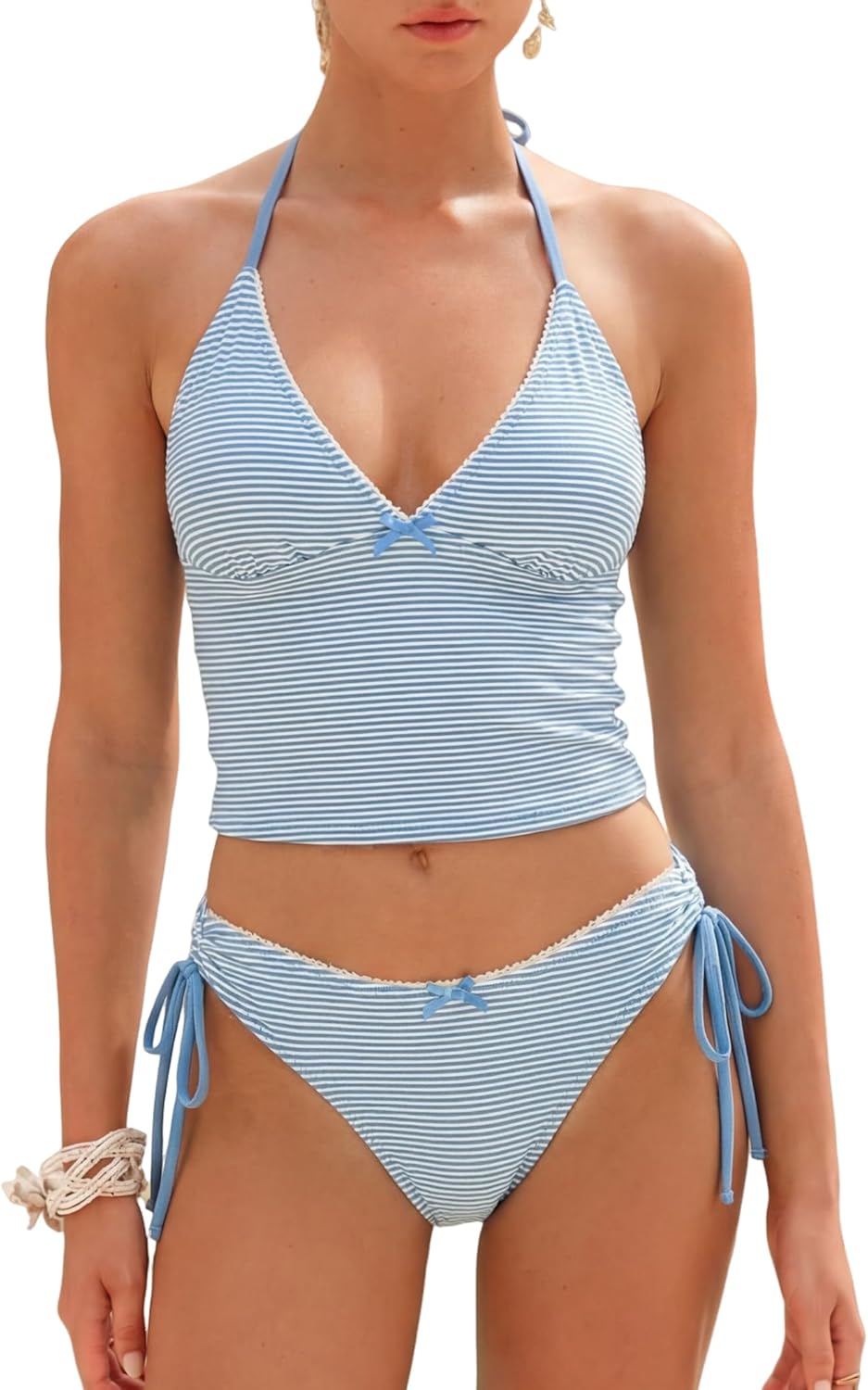 ZAFUL Women's Tankini Sets Halter String Tie Side Thong V Neck Bathing Suit Bowknot Lace Textured 2 Piece Swimsuit