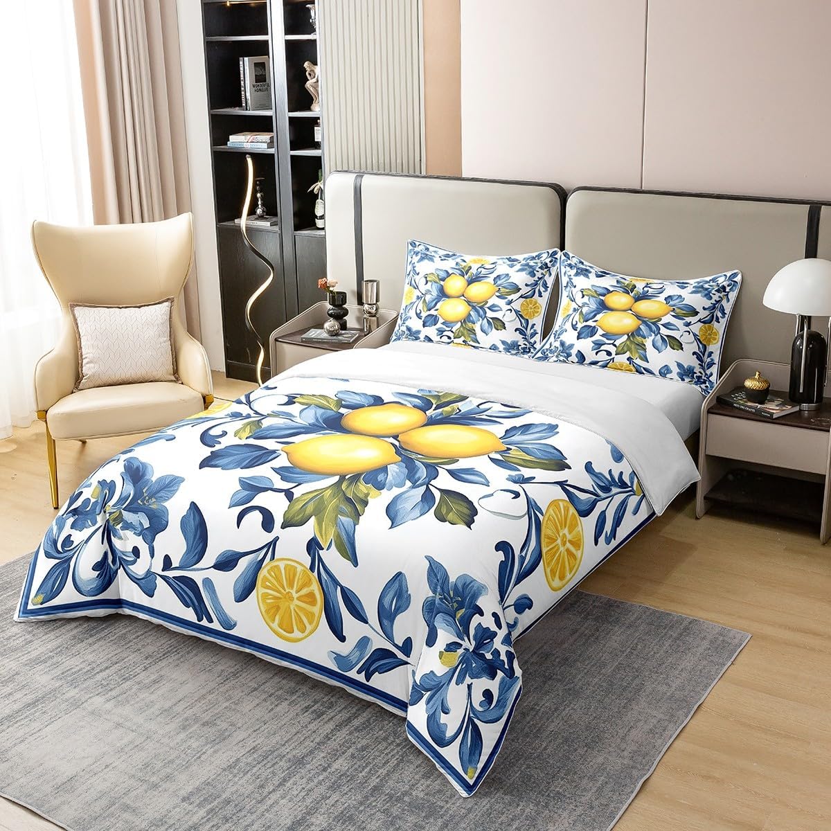 Manfei 3 Pieces Lemon Cotton Duvet Cover Sets(NO Comforter),Retro Farmhouse Lemon Trees Comforter Cover for Kids Adults Bedroom Decor,Blue Leaves Bedding Set,Botanical Plants Quilt Cover,King