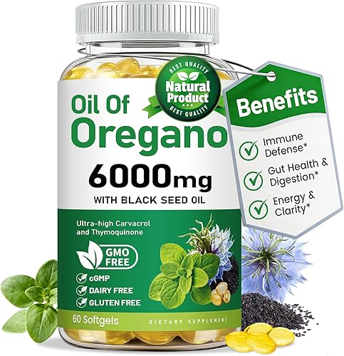 Miniatura 11 de Aceite de orégano, 150 cápsulas blandas, 6000 mg de aceite de orégano con aceite de semilla negra para apoyo inmunológico y digestivo, aceite