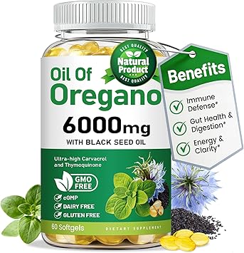 vivcmin Oil of Oregano Softgels with Black Seed Oil, Oregano Oil Capsules for Immune & Digestive Support, Retains Carvacrol & Thymoquinone, Non-GMO, Gluten Free, 60 Softgels