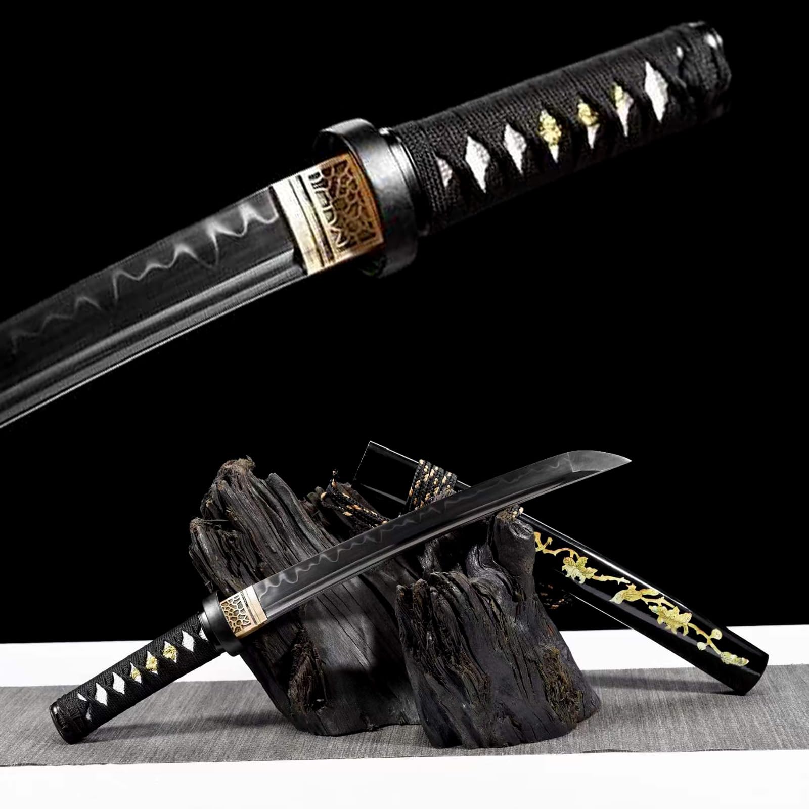 52,5cm handgefertigtes Wakizashi,Klinge aus T10-Stahl mit handgebranntem Wellenmuster,Scheide aus massivem Holz mit Lack,echtes Katana-Schwert für Geschenke,Sammlung,Spielen,Selbstverteidigung,Fitness