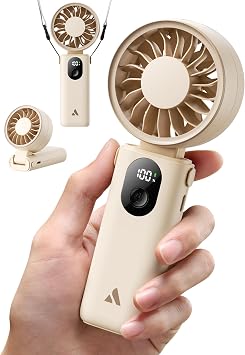 Aecooly Mighty Portable Handheld Fan | 20H Max Cooling Time | 3 Flexible Modes | 5 Speeds Wind | Battery Level Display | USB Rechargeable Mini Personal Battery Powered, Gifts for Women, Travel -Beige