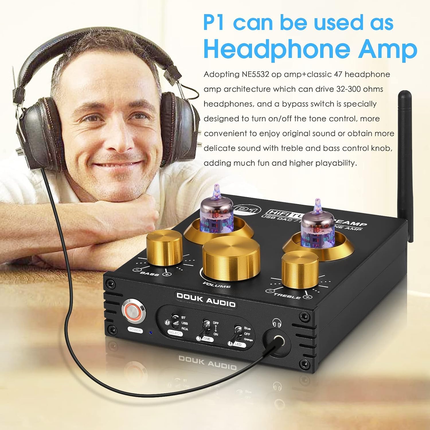 Douk Audio Bluetooth-Röhrenvorverstärker: HiFi-Stereo-Vorverstärker-Receiver | Kopfhörerverstärker | USB-DAC | Klangregelung für Heimkino und Desktop-Hören (P1)