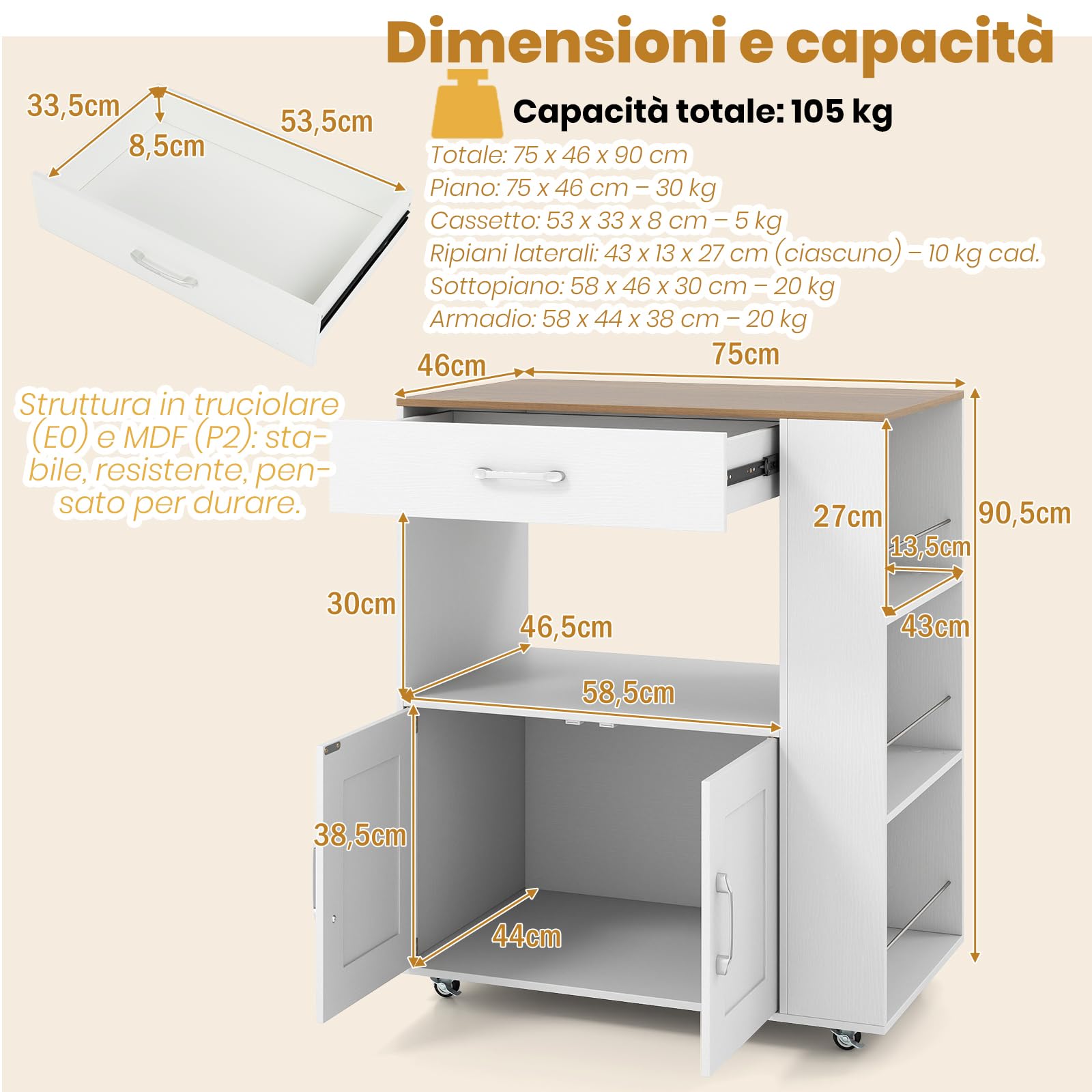 RELAX4LIFE Carrello Cucina Salvaspazio con Ruote PU 38mm, Cassetto e Armadio 2 Ante, 3 Ripiani Portaspezie Laterali, Piano Largo 75x46cm e Sottopiano Aperto per Microonde, Capacità 105kg